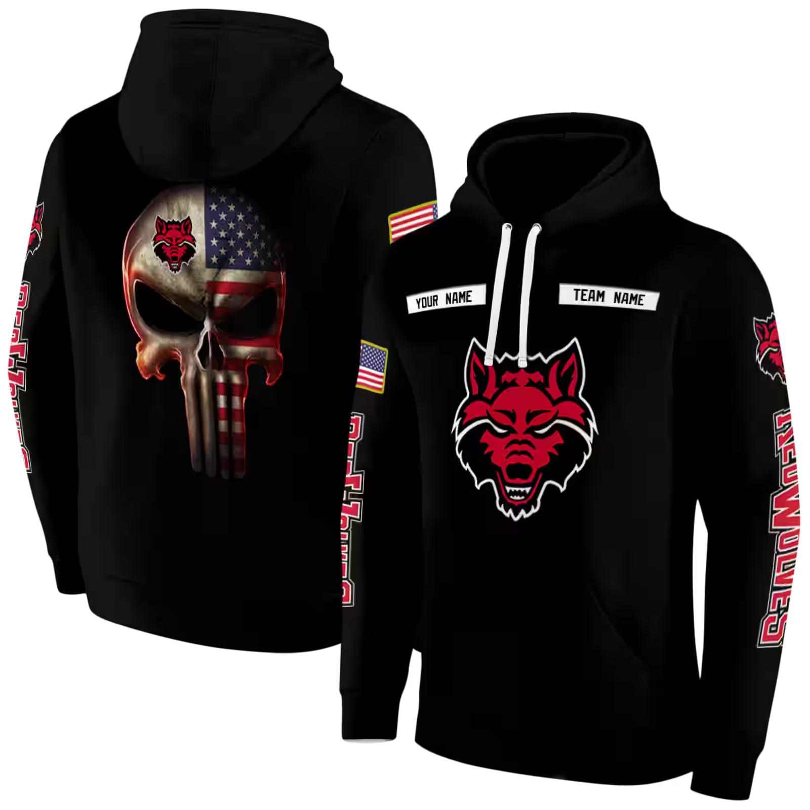 personalized arkansas state red wolves punisher skull black hoodie fashion forward