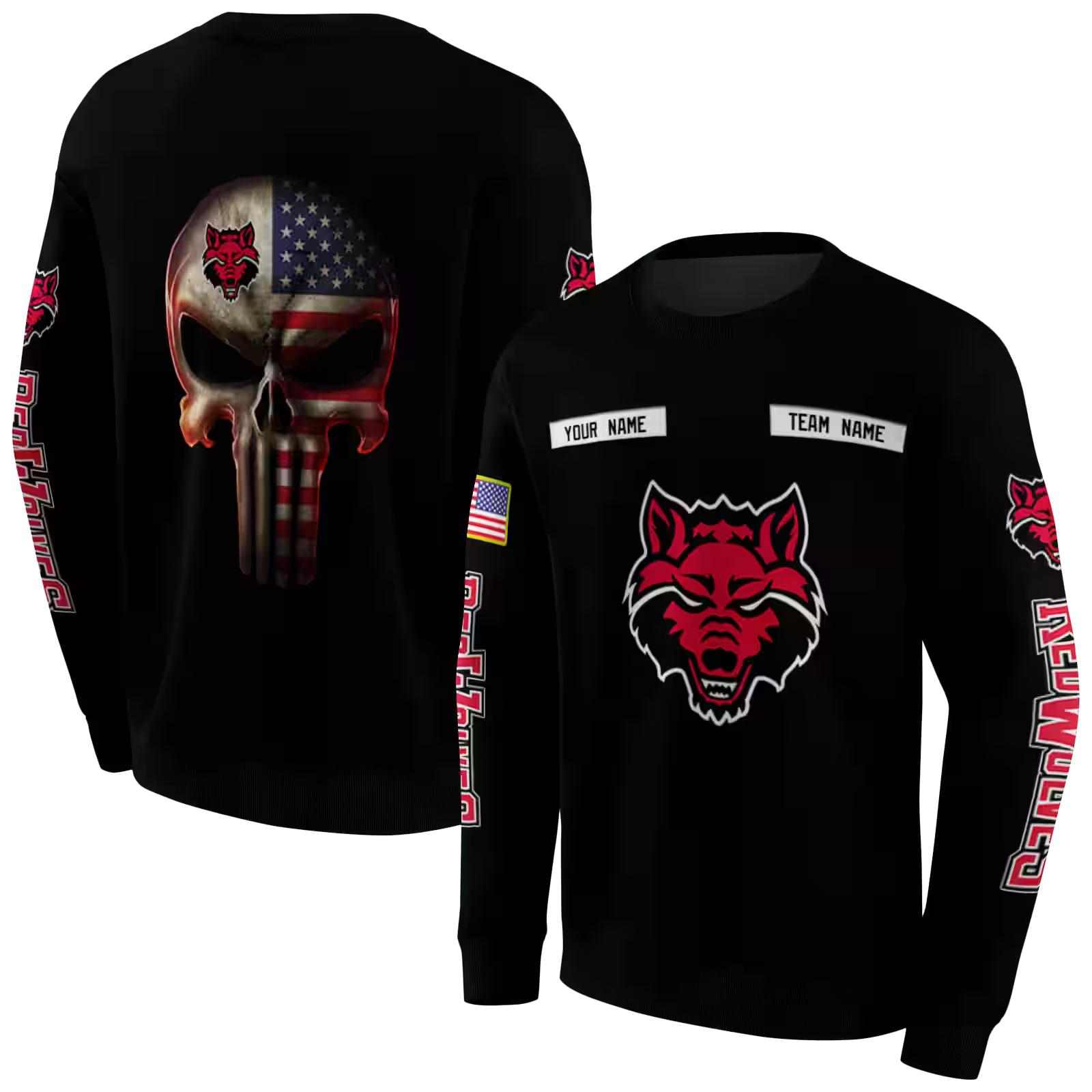 personalized arkansas state red wolves punisher skull black hoodie premium grade