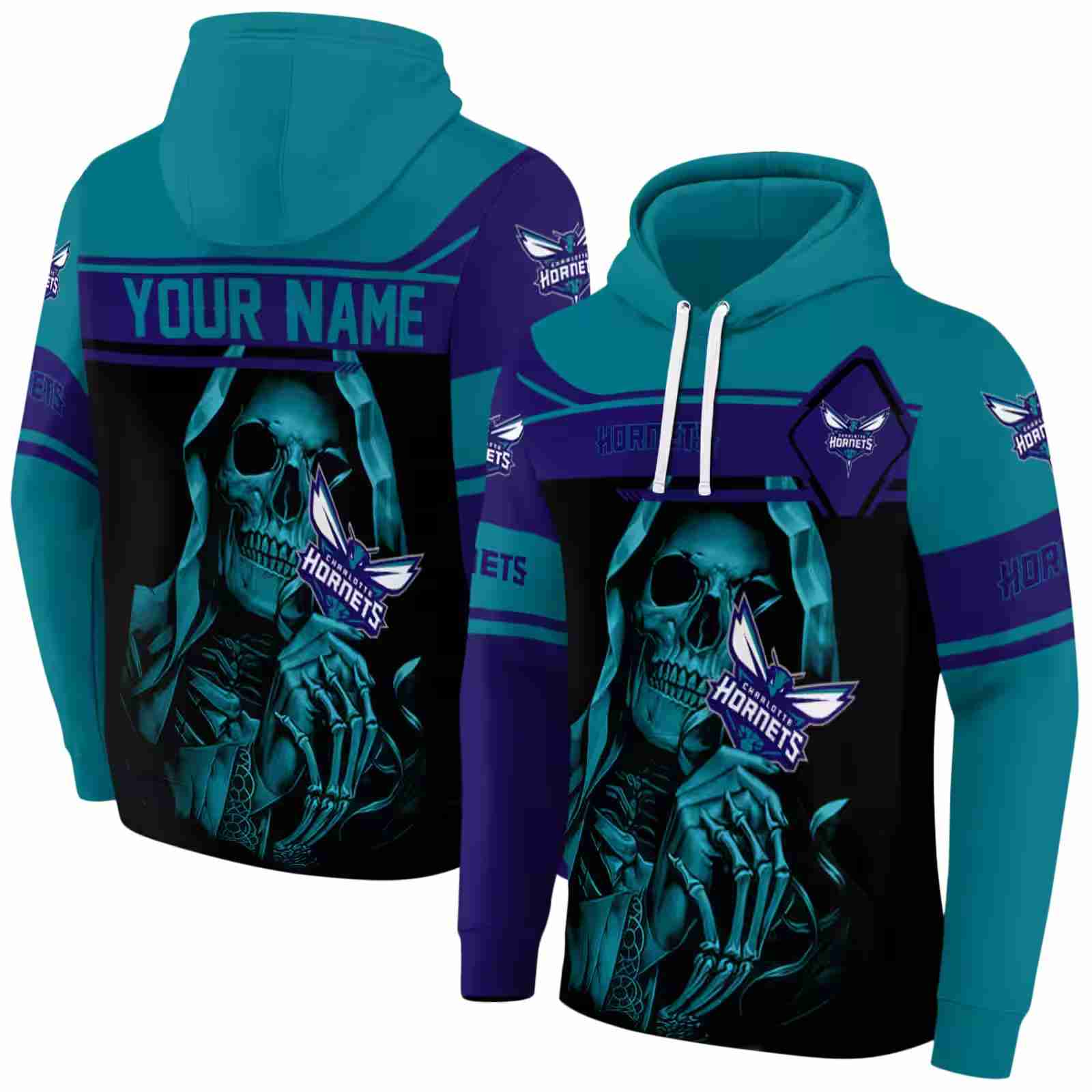 personalized charlotte hornets grim reaper teal black hoodie fashion forward