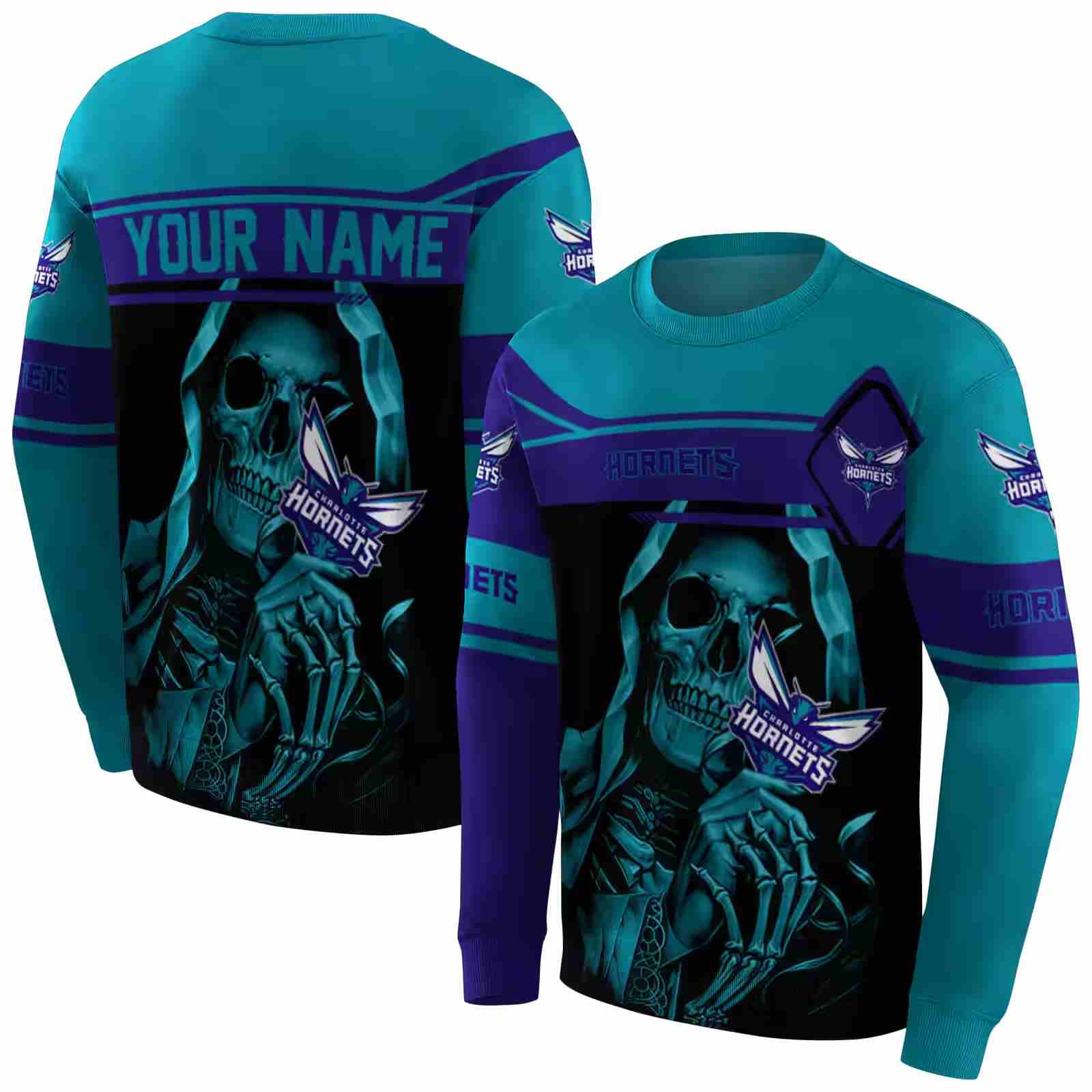 personalized charlotte hornets grim reaper teal black hoodie premium grade