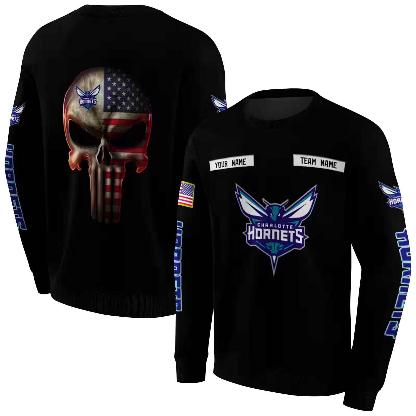 personalized charlotte hornets punisher skull black hoodie premium grade