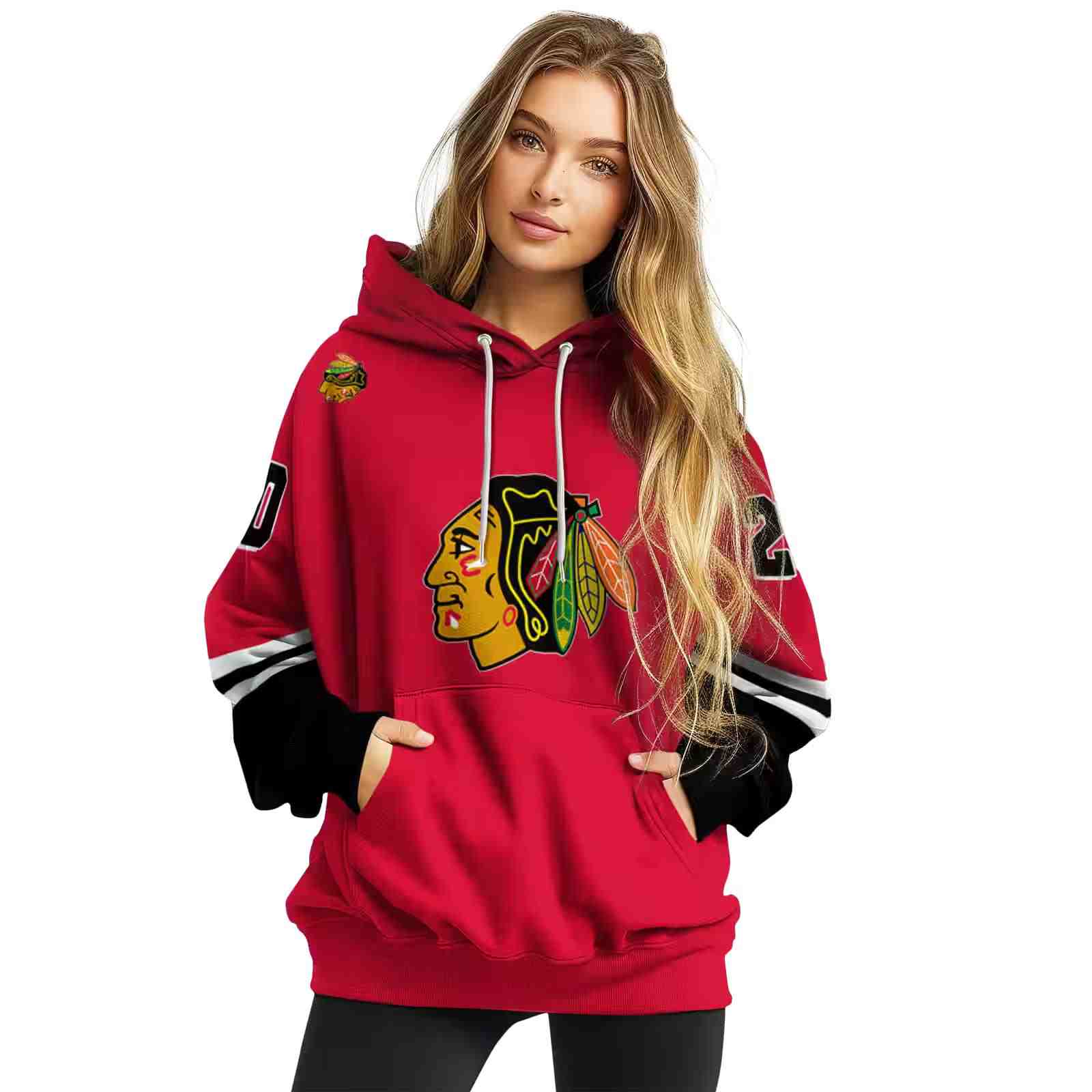 personalized chicago blackhawks striped sleeves red hoodie high quality