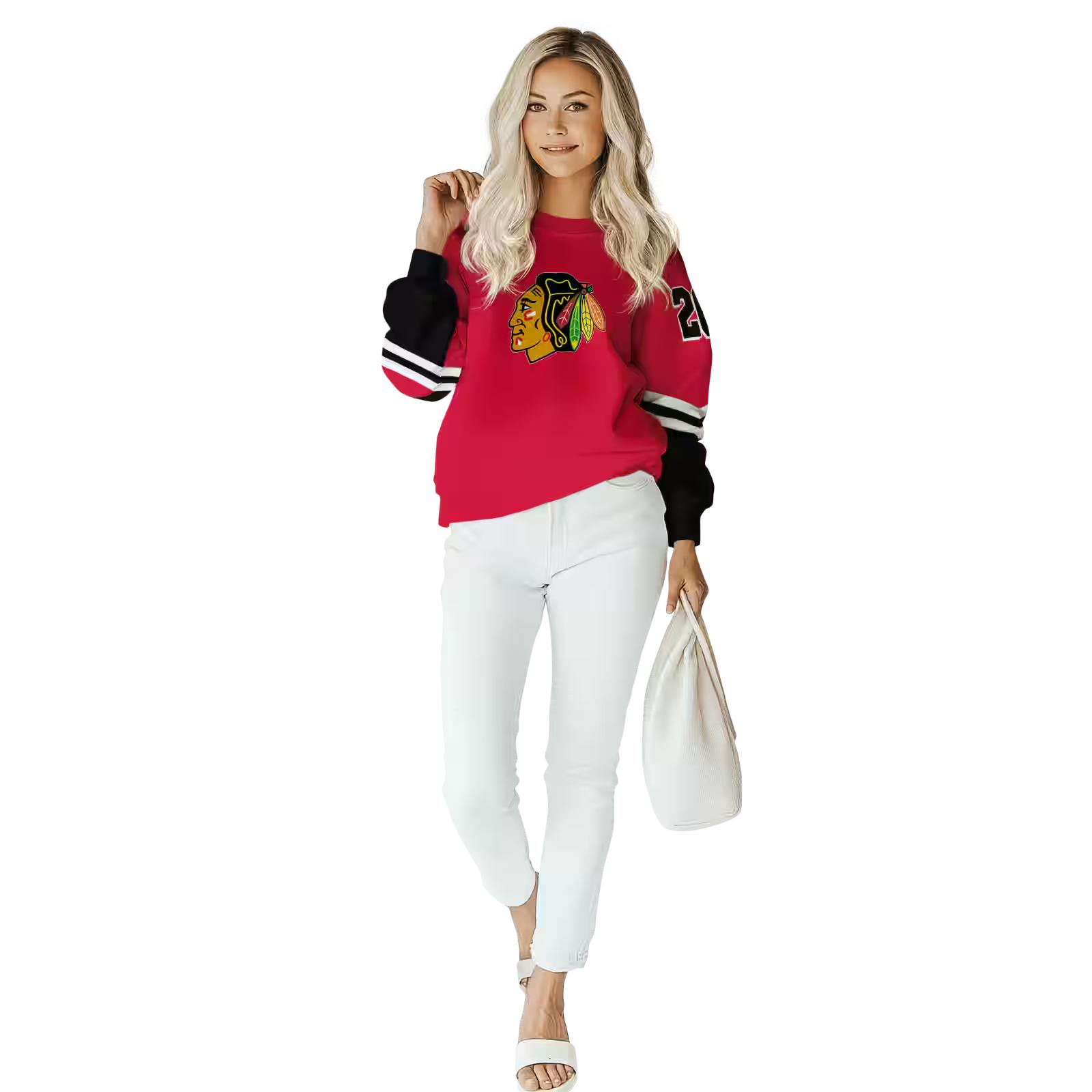 personalized chicago blackhawks striped sleeves red hoodie trendy