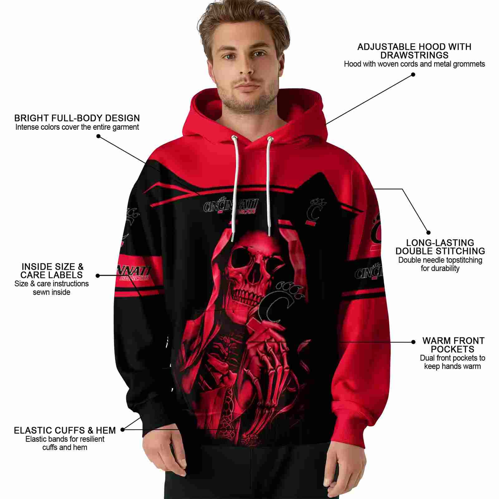 personalized cincinnati bearcats grim reaper red black hoodie latest model