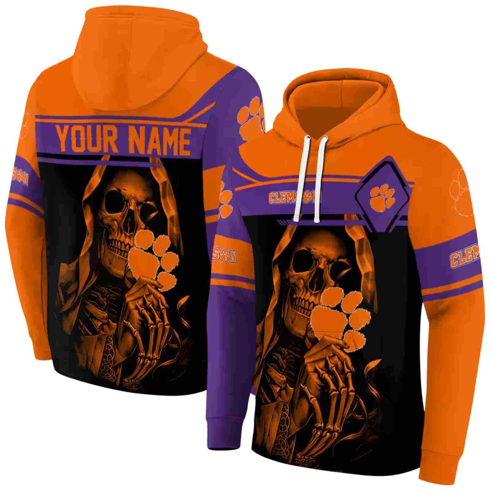 personalized clemson tigers grim reaper orange black hoodie fashion forward