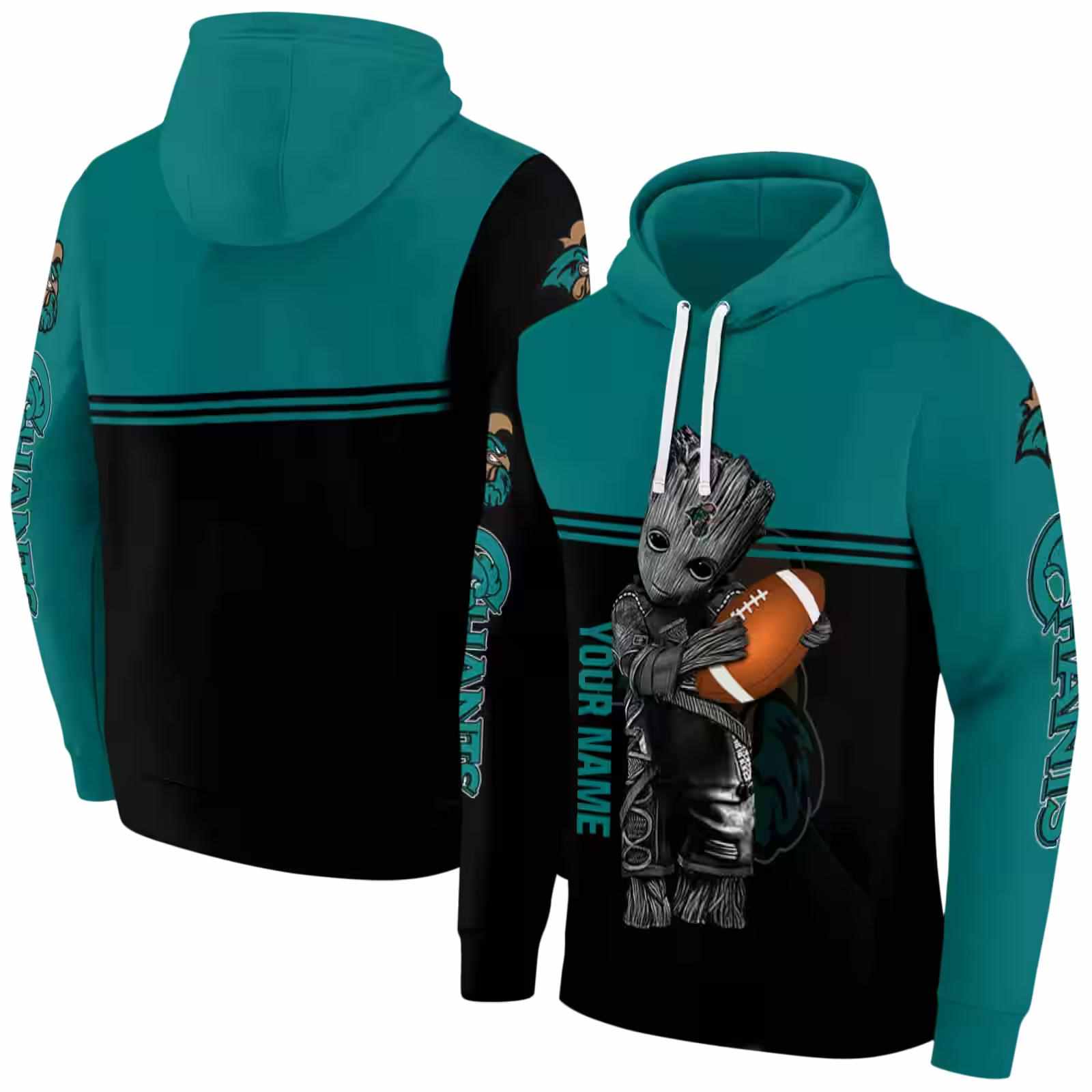 personalized coastal carolina chanticleers baby groot green black hoodie fashion forward