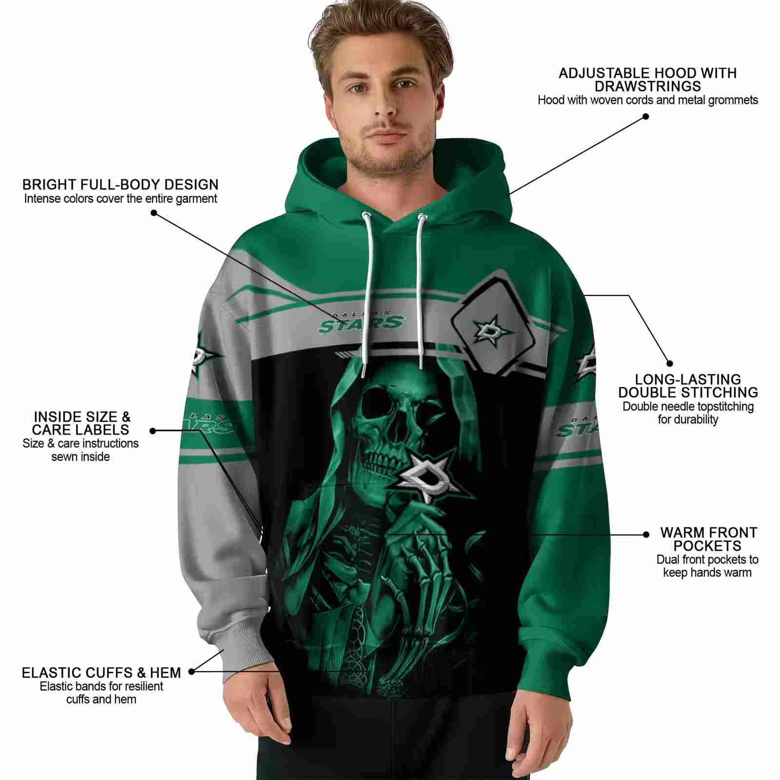 personalized dallas stars grim reaper green black hoodie latest model