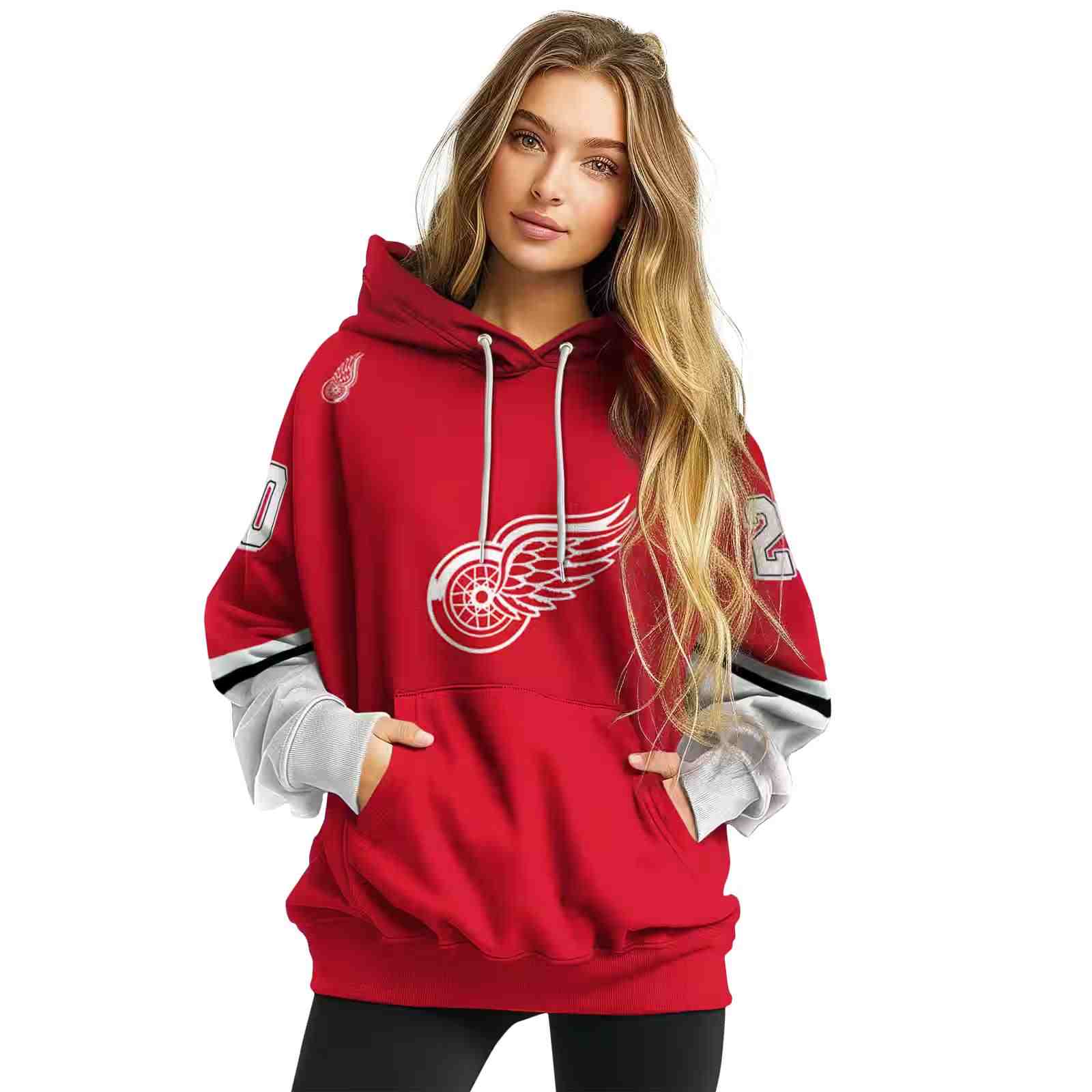 personalized detroit red wings striped sleeves red hoodie high quality