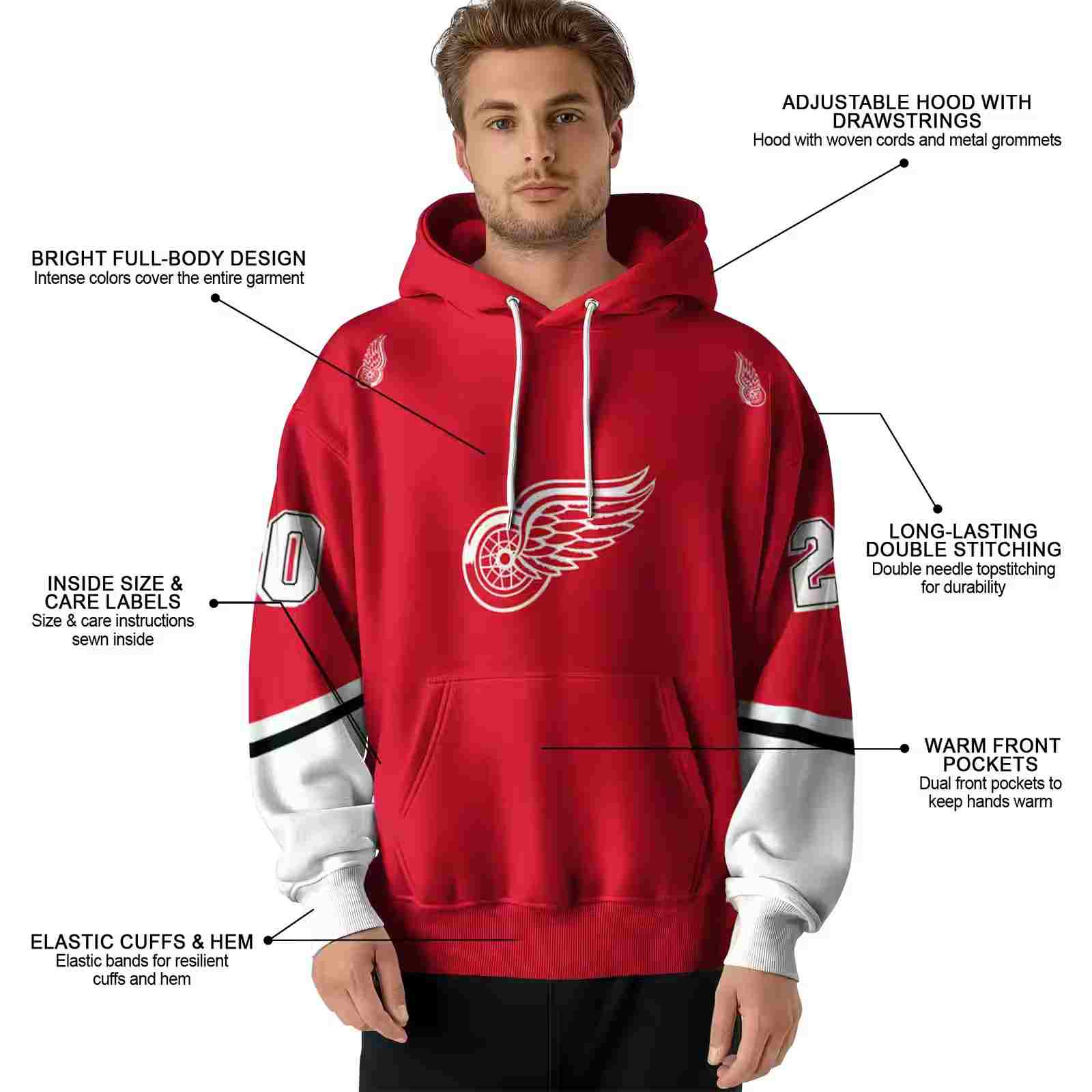 personalized detroit red wings striped sleeves red hoodie latest model