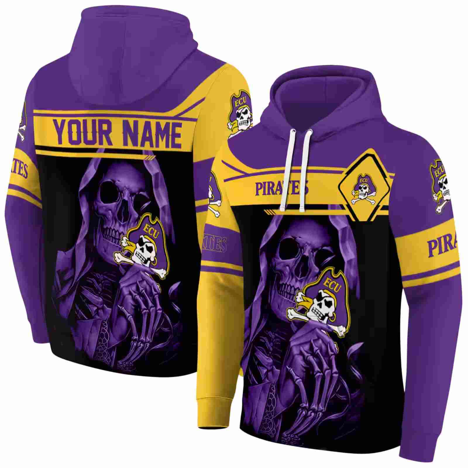 personalized east carolina pirates grim reaper purple black hoodie fashion forward