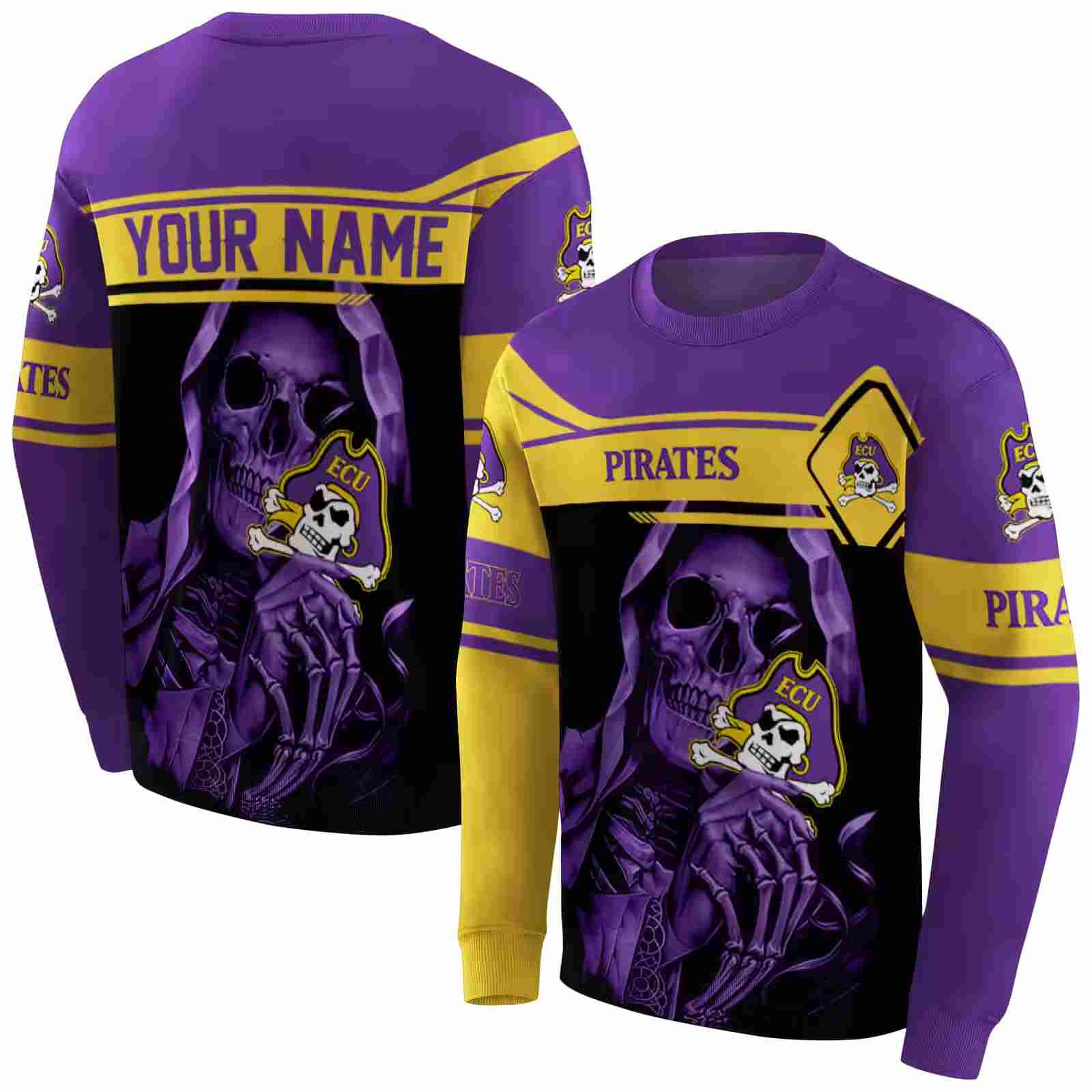 personalized east carolina pirates grim reaper purple black hoodie premium grade