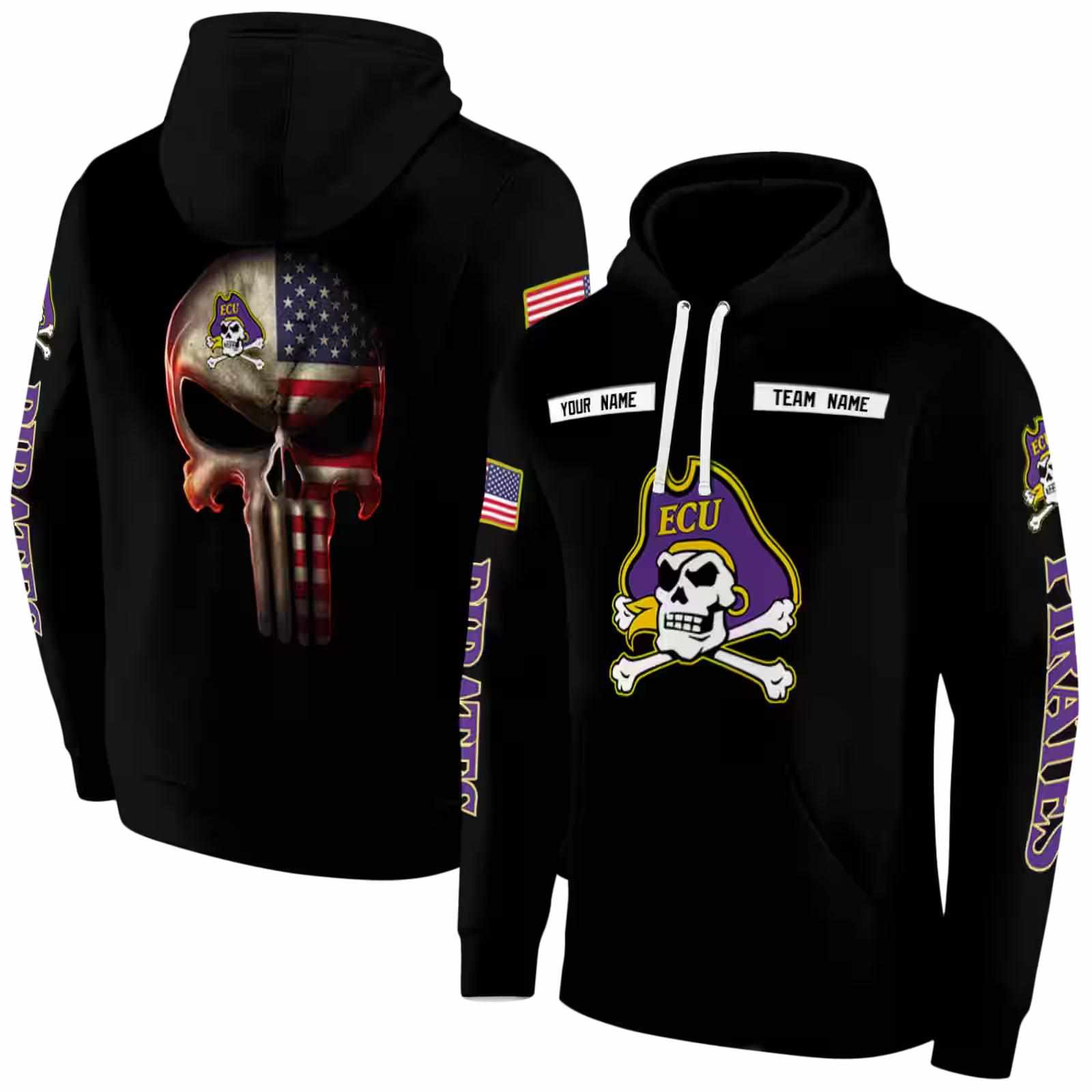 personalized east carolina pirates punisher skull black hoodie fashion forward