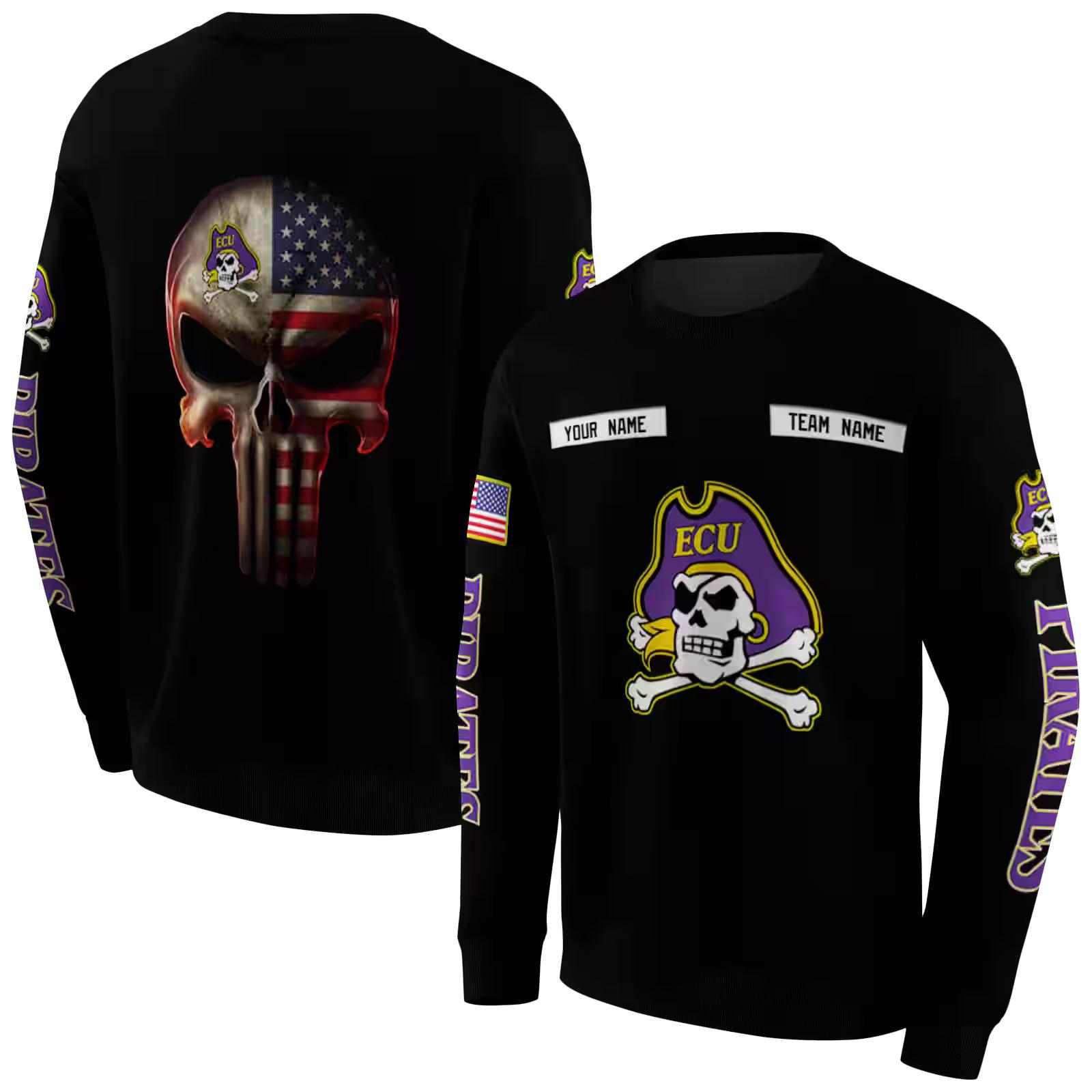 personalized east carolina pirates punisher skull black hoodie premium grade