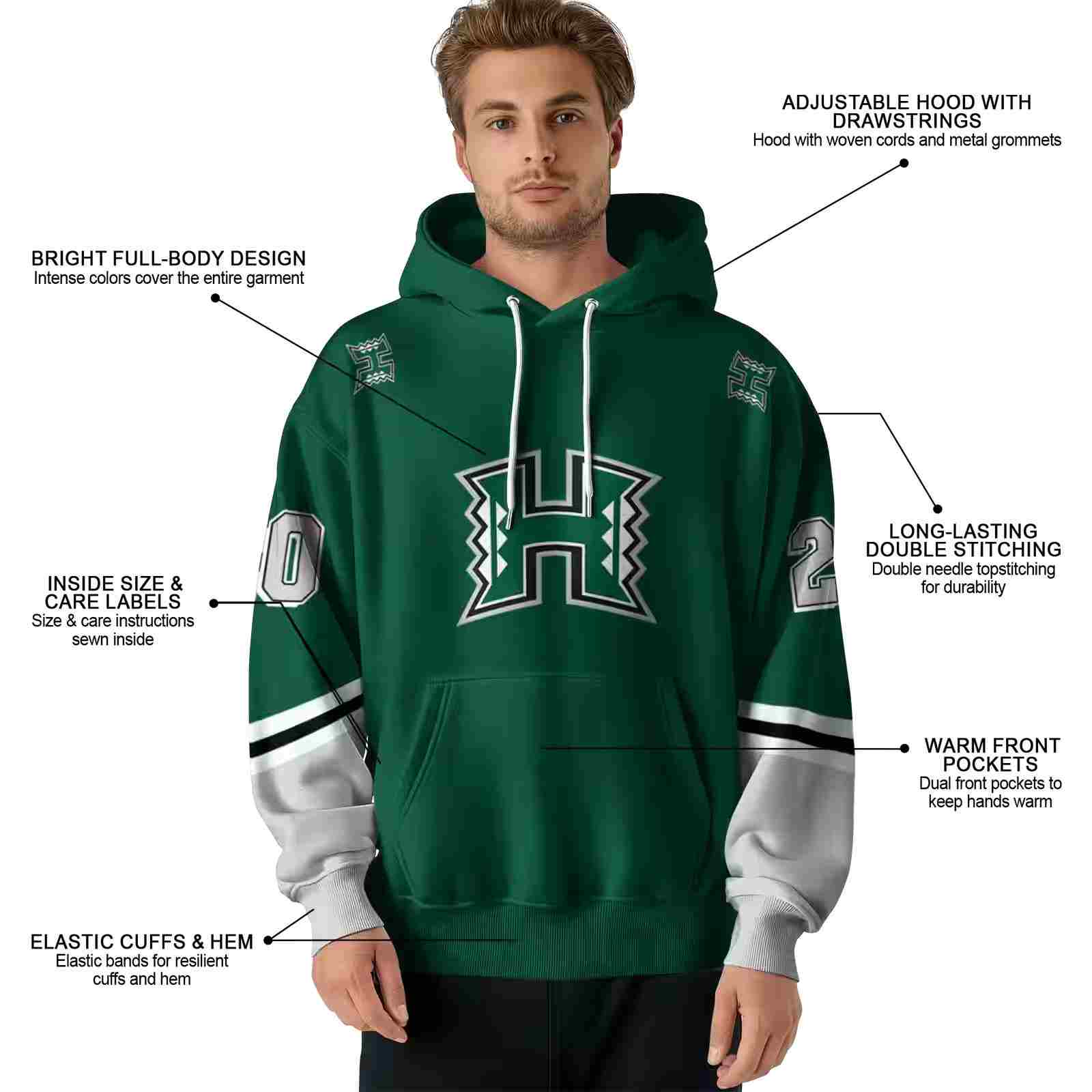 personalized hawaii rainbow warriors striped sleeves green hoodie latest model