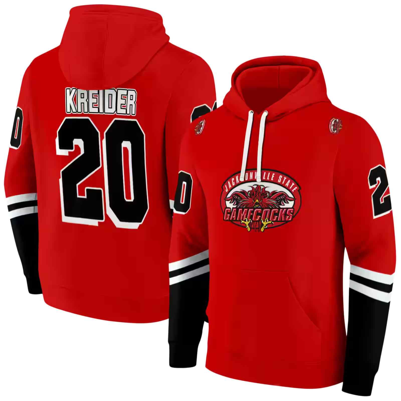 personalized jacksonville state gamecocks striped sleeves red hoodie fashion forward