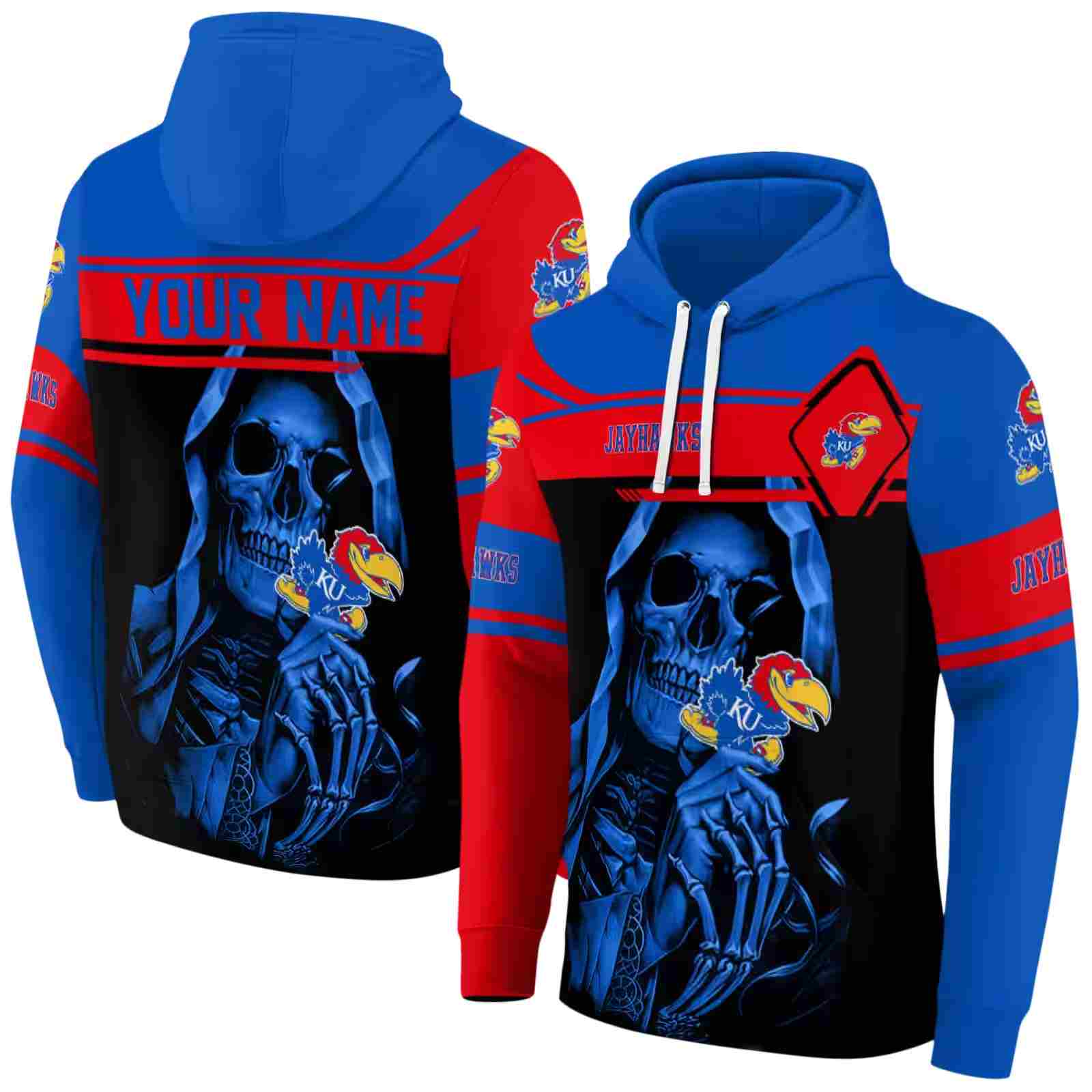 personalized kansas jayhawks grim reaper blue black hoodie fashion forward