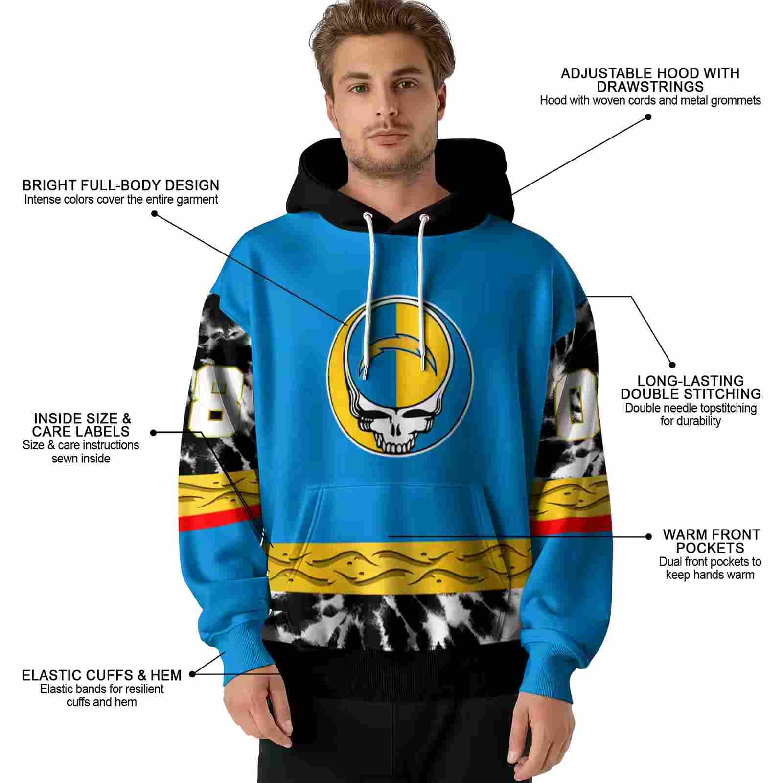 personalized los angeles chargers grateful vibes blue hoodie latest model