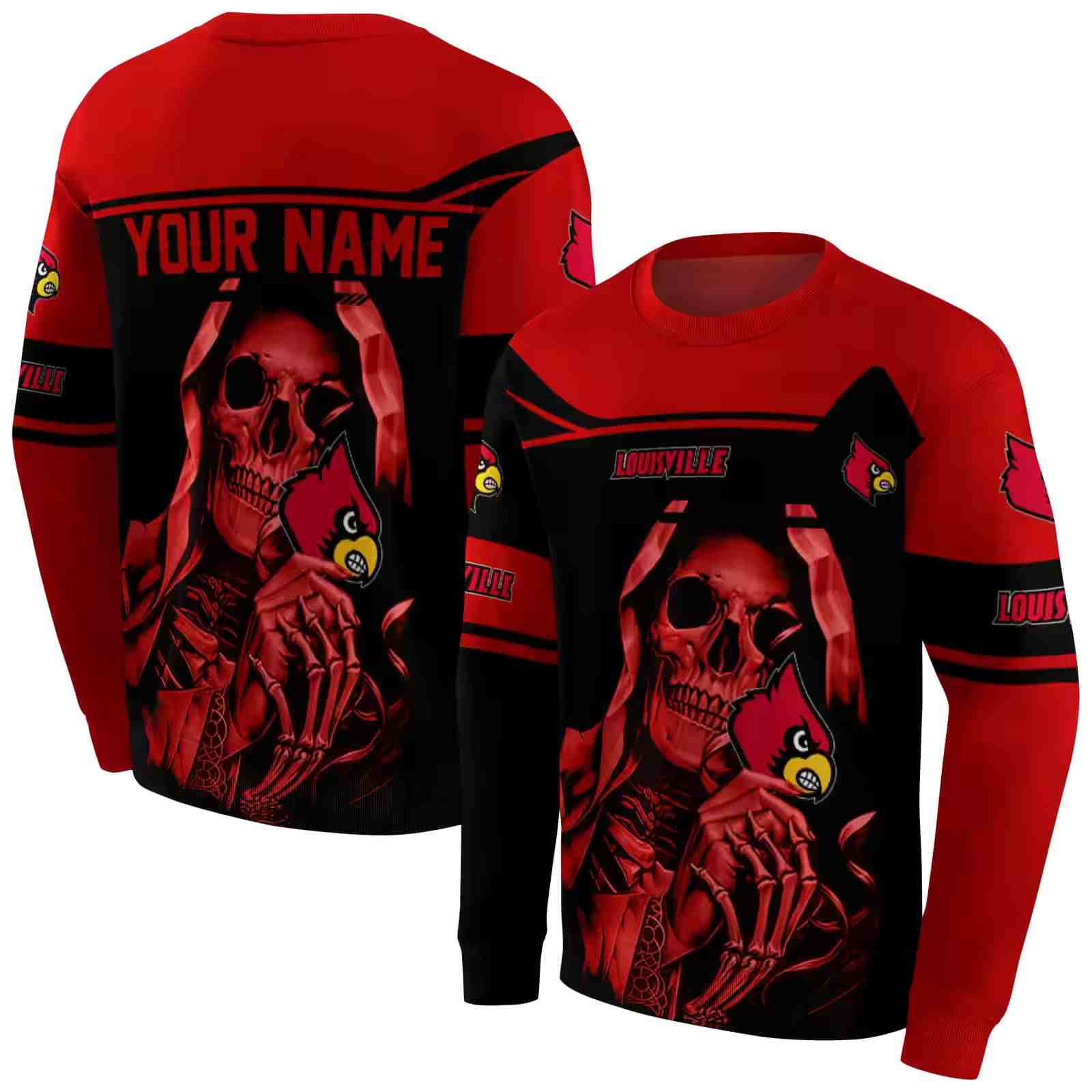 personalized louisville cardinals grim reaper red black hoodie premium grade