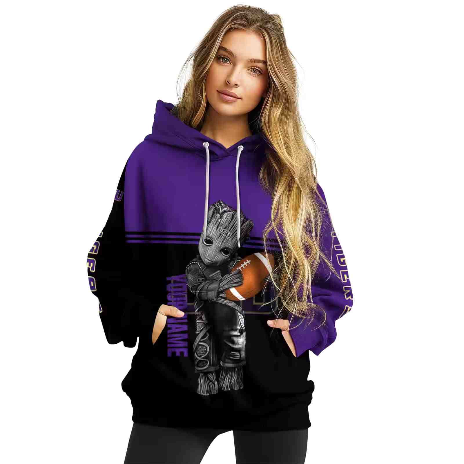 personalized lsu tigers baby groot purple black hoodie high quality