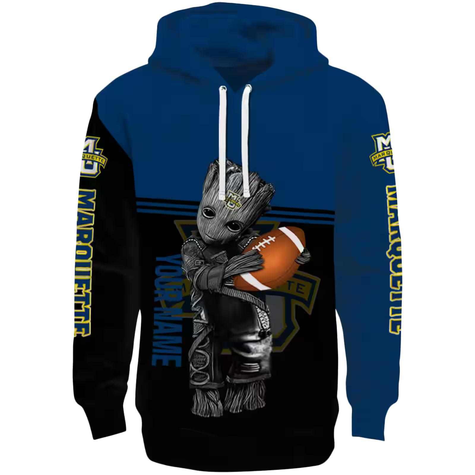 Personalized Marquette Golden Eagles Baby Groot Blue Black Hoodie