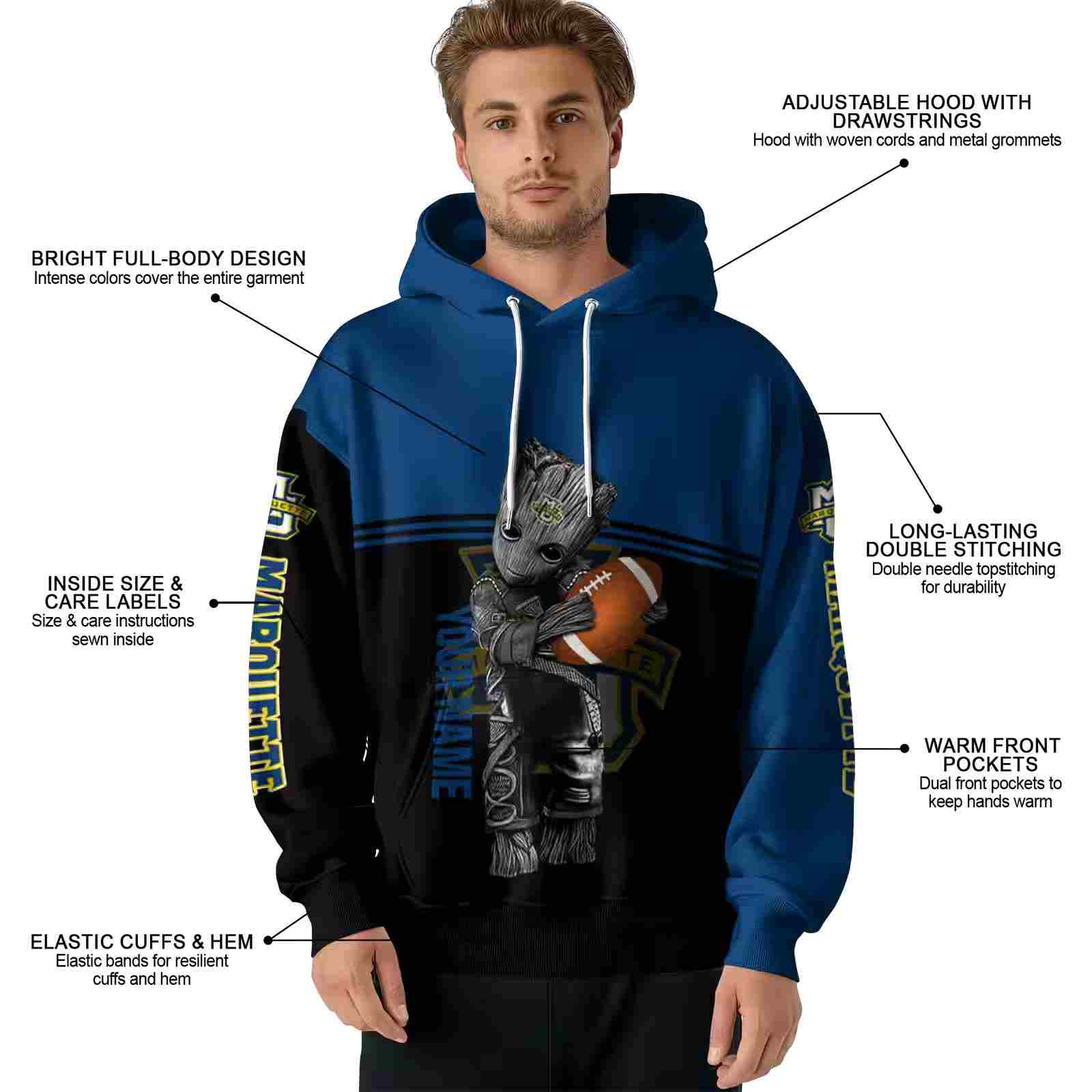 personalized marquette golden eagles baby groot blue black hoodie latest model