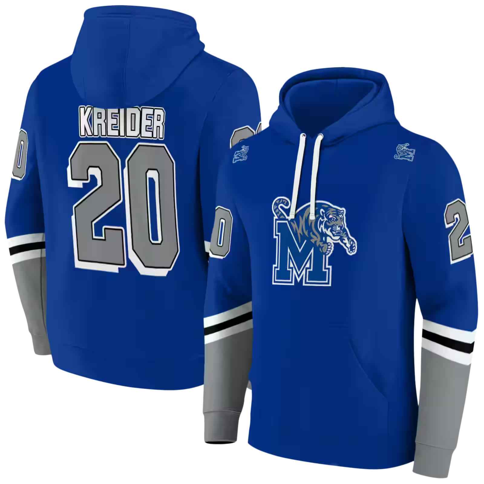 personalized memphis tigers striped sleeves blue hoodie fashion forward