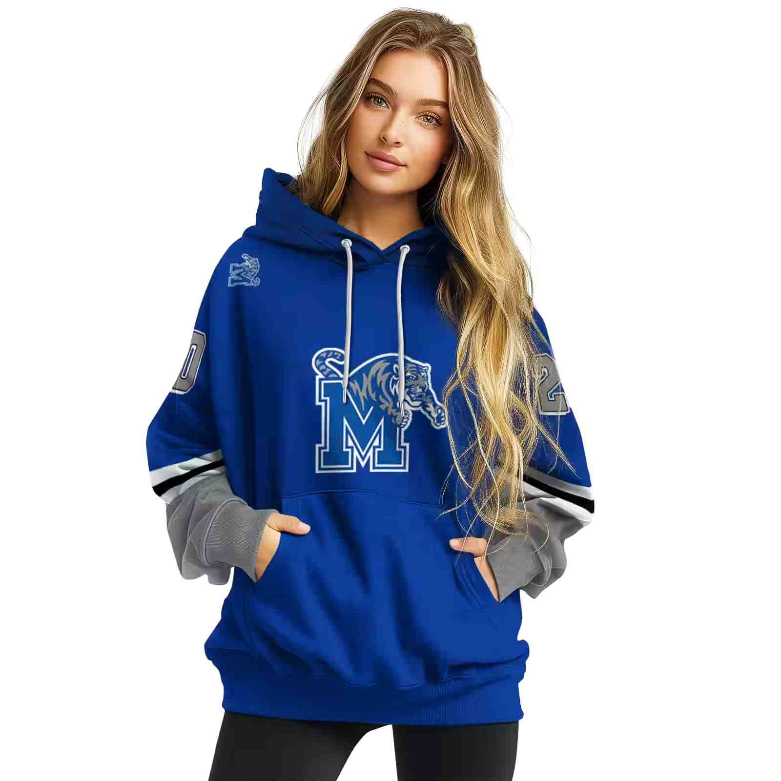 personalized memphis tigers striped sleeves blue hoodie high quality