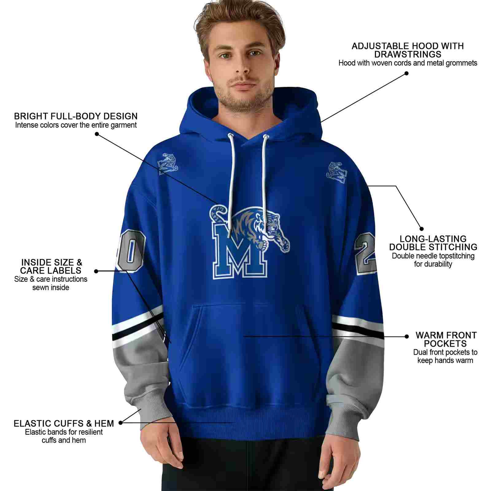 personalized memphis tigers striped sleeves blue hoodie latest model