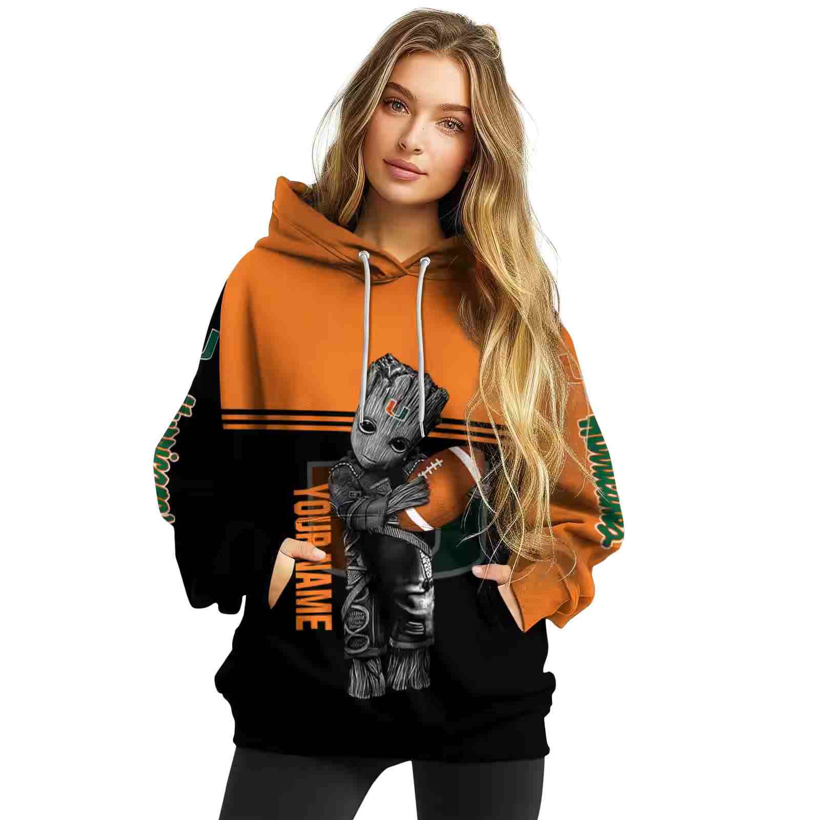 personalized miami hurricanes baby groot orange black hoodie high quality