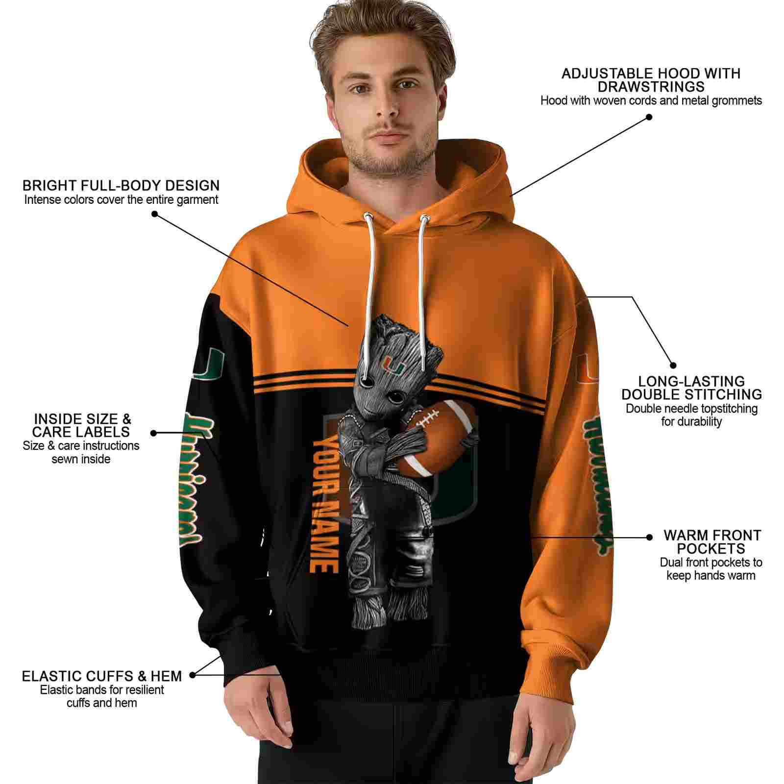 personalized miami hurricanes baby groot orange black hoodie latest model