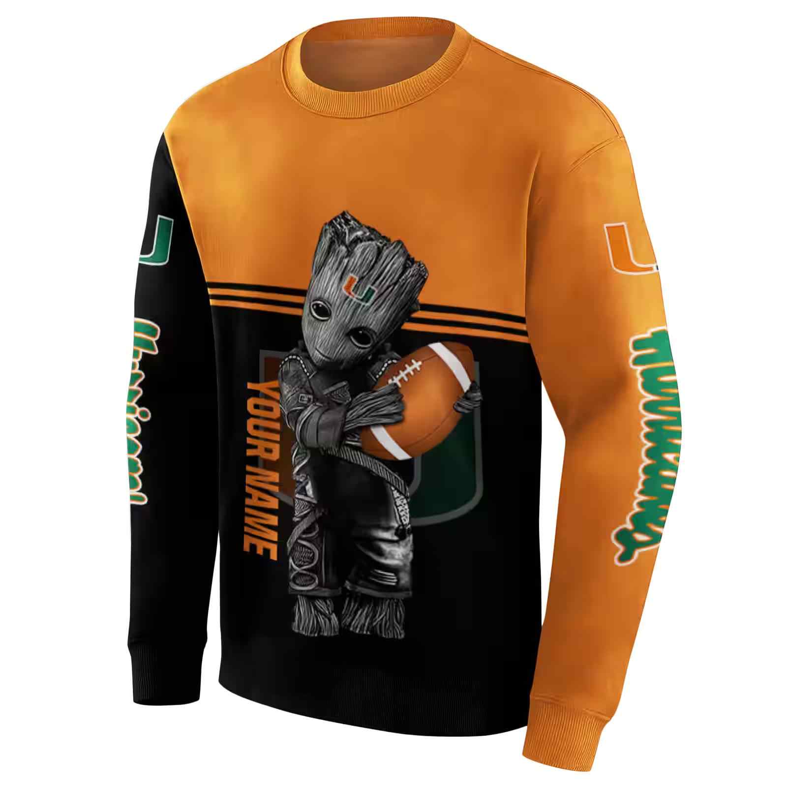 personalized miami hurricanes baby groot orange black hoodie new arrival