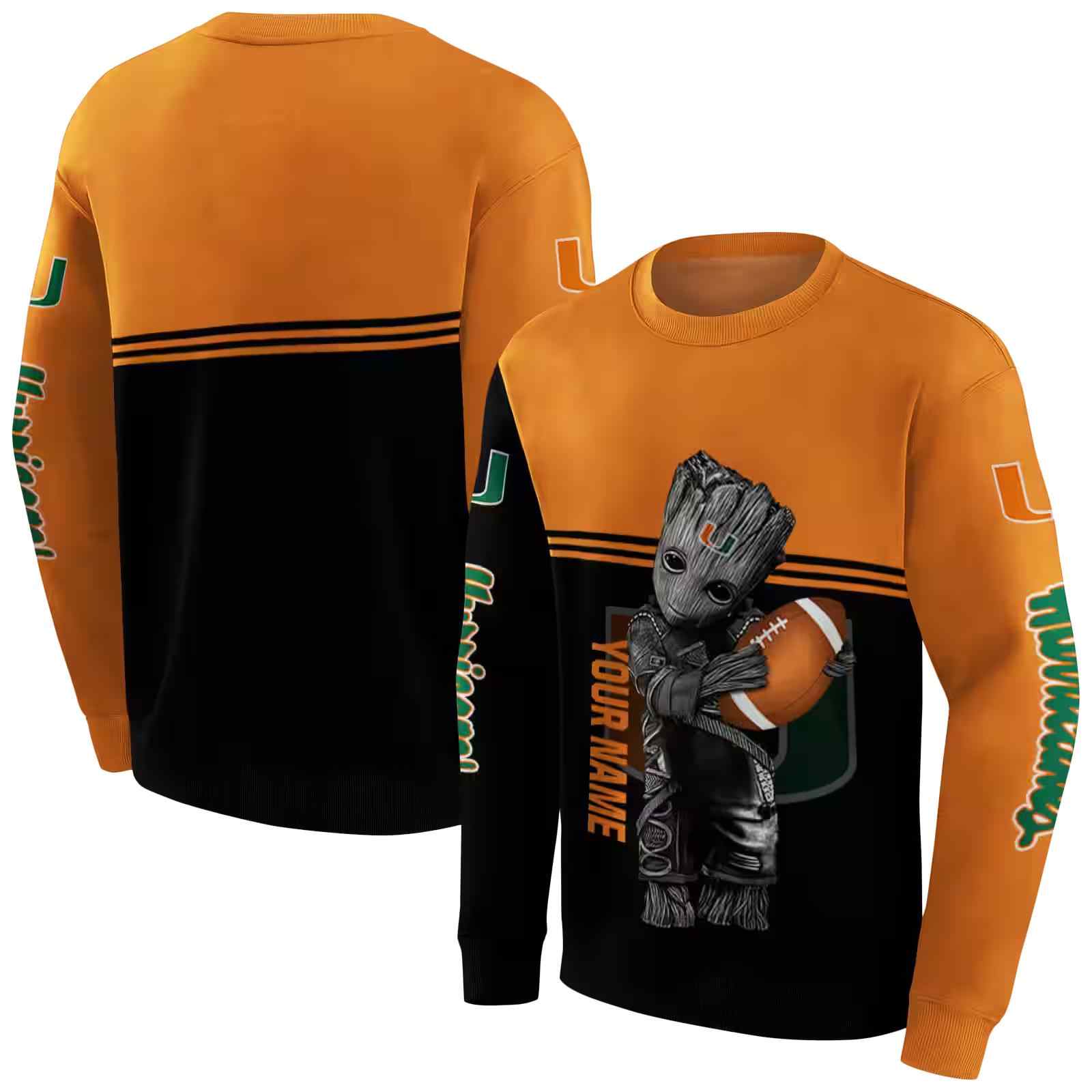 personalized miami hurricanes baby groot orange black hoodie premium grade