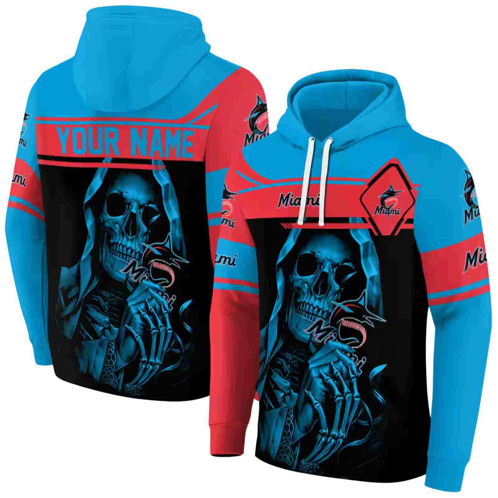 personalized miami marlins grim reaper blue black hoodie fashion forward