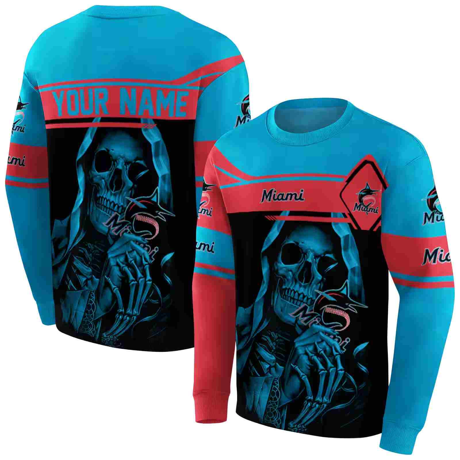 personalized miami marlins grim reaper blue black hoodie premium grade