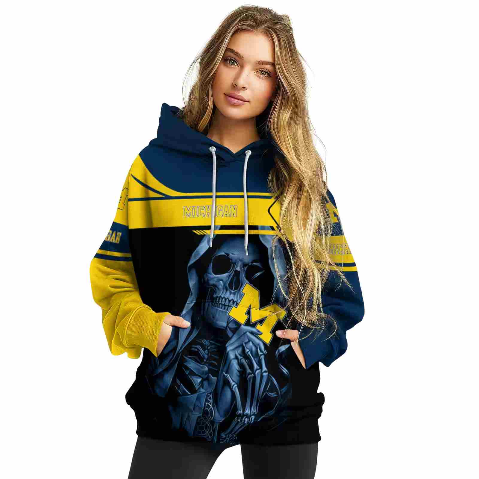 personalized michigan wolverines grim reaper blue black hoodie high quality