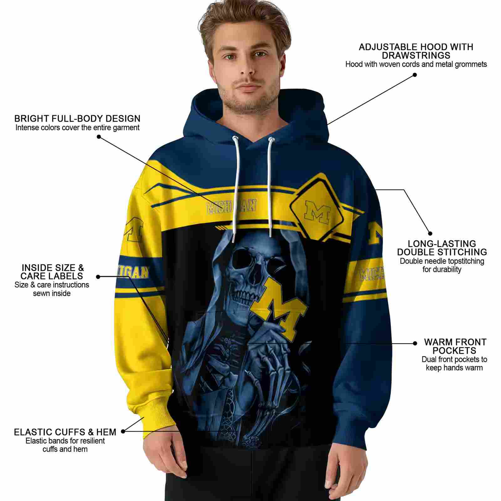 personalized michigan wolverines grim reaper blue black hoodie latest model