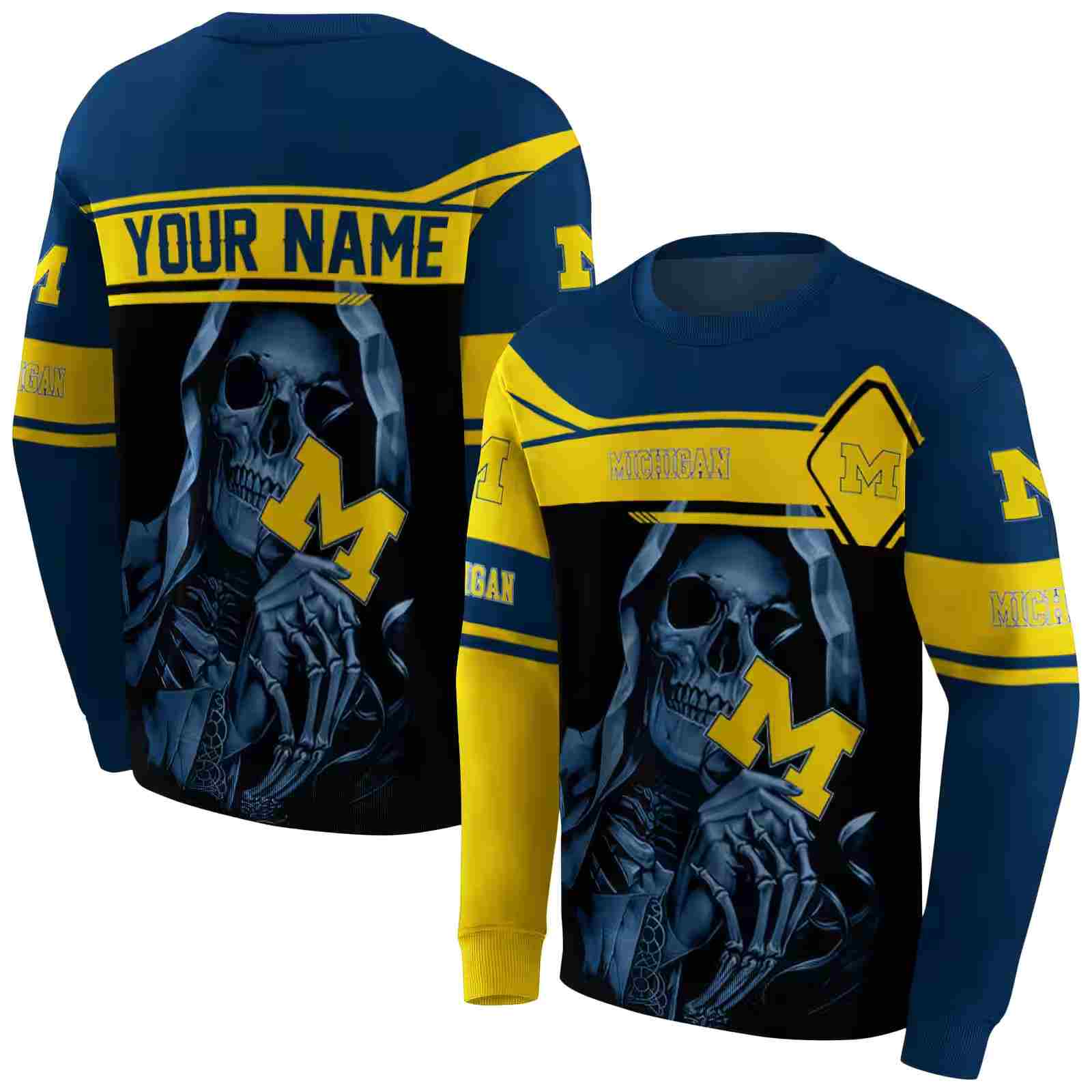 personalized michigan wolverines grim reaper blue black hoodie premium grade