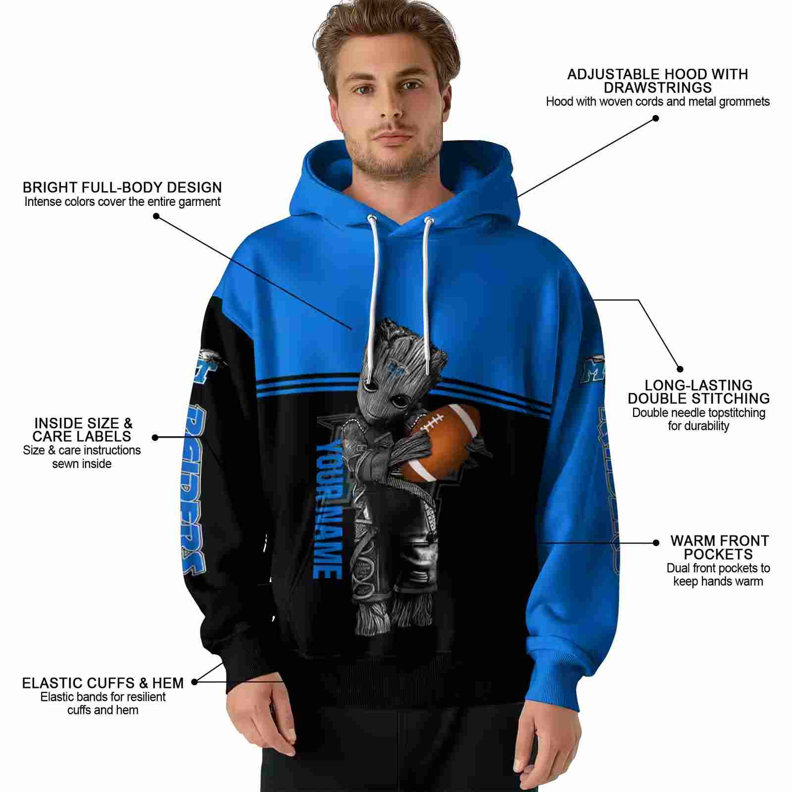 personalized middle tennessee blue raiders baby groot blue black hoodie latest model