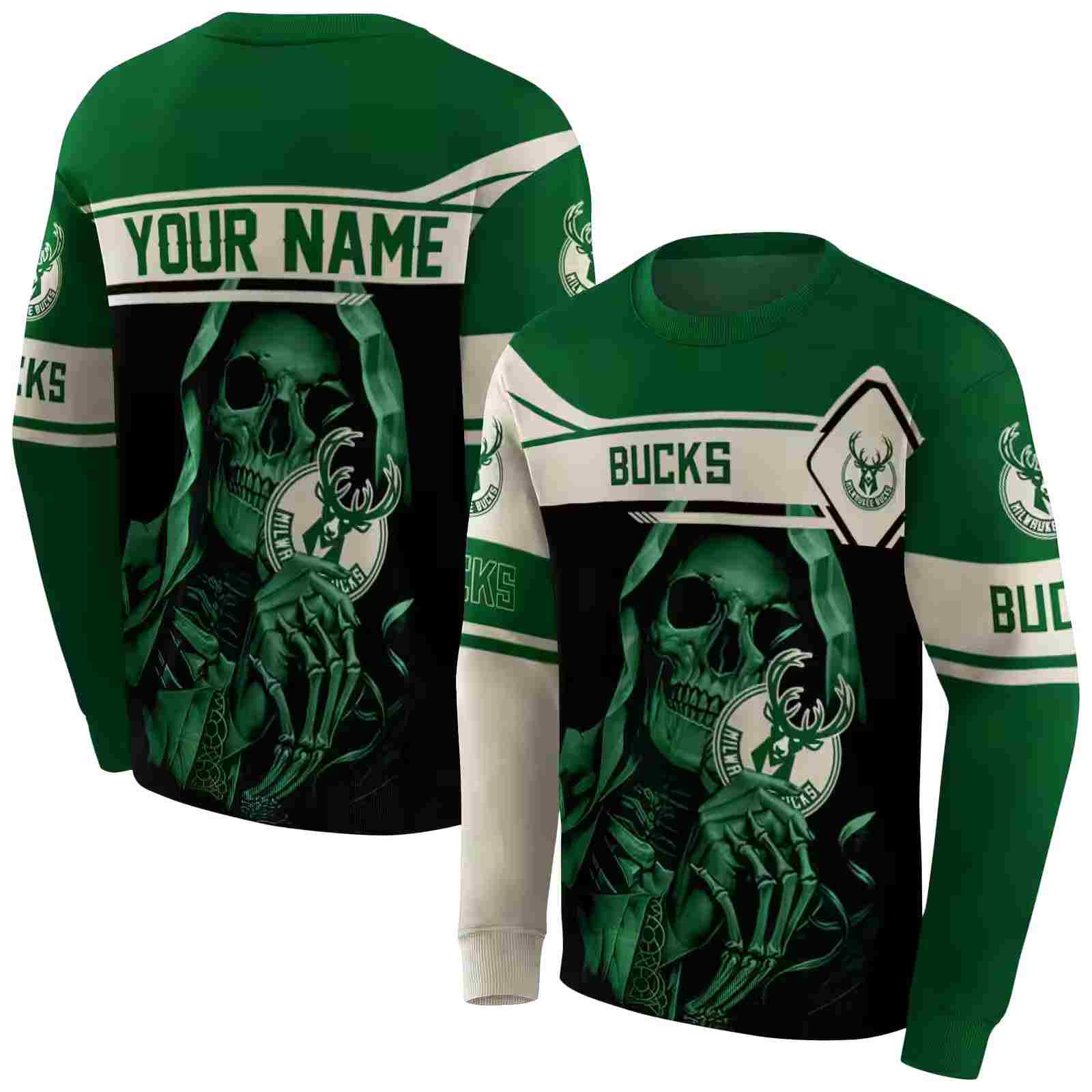 personalized milwaukee bucks grim reaper green black hoodie premium grade