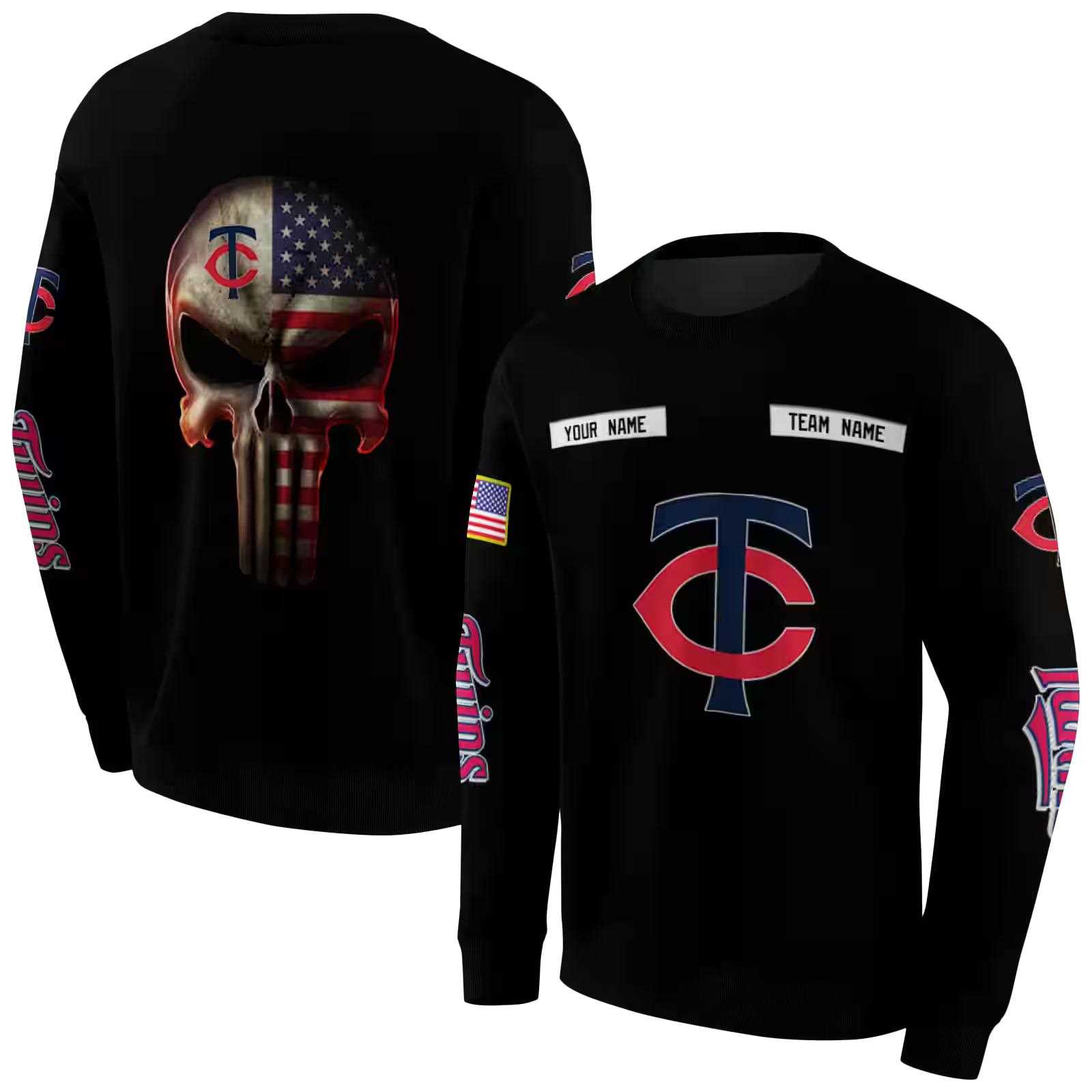 personalized minnesota twins punisher skull black hoodie premium grade