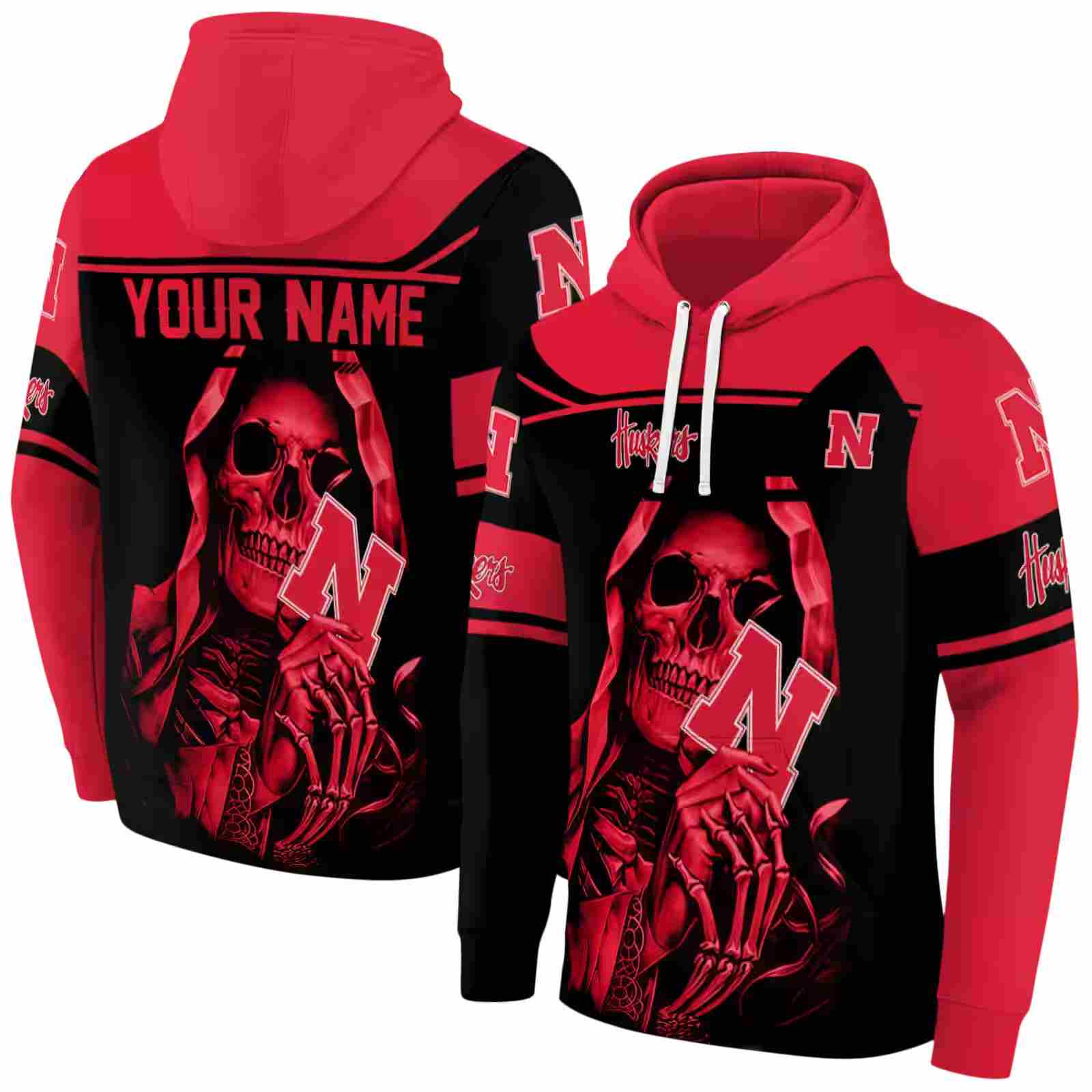personalized nebraska cornhuskers grim reaper red black hoodie fashion forward