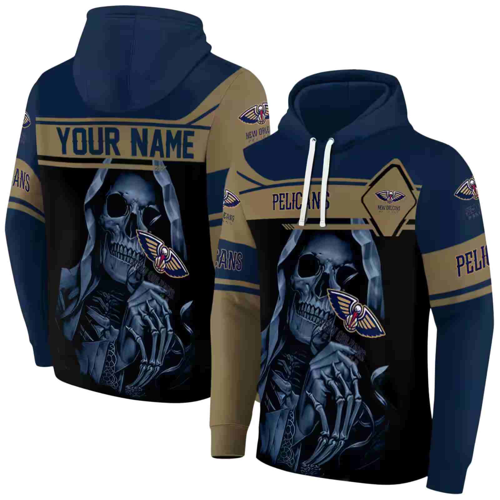 personalized new orleans pelicans grim reaper navy black hoodie fashion forward