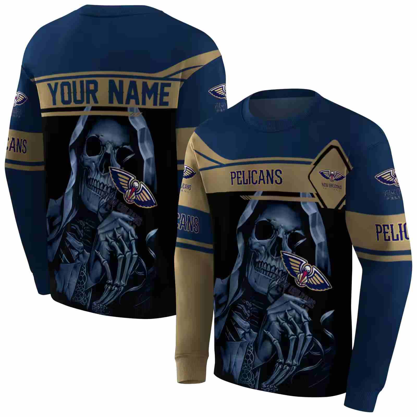 personalized new orleans pelicans grim reaper navy black hoodie premium grade