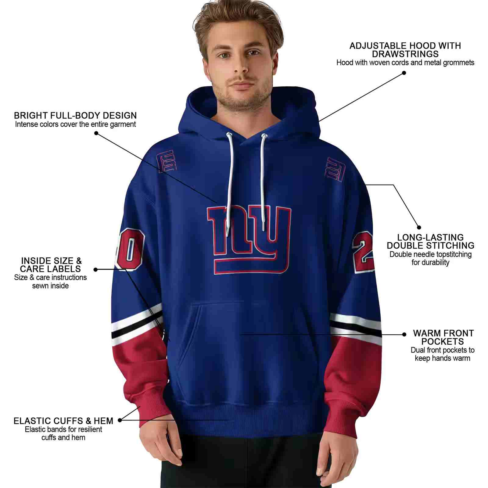 personalized new york giants striped sleeves blue hoodie latest model