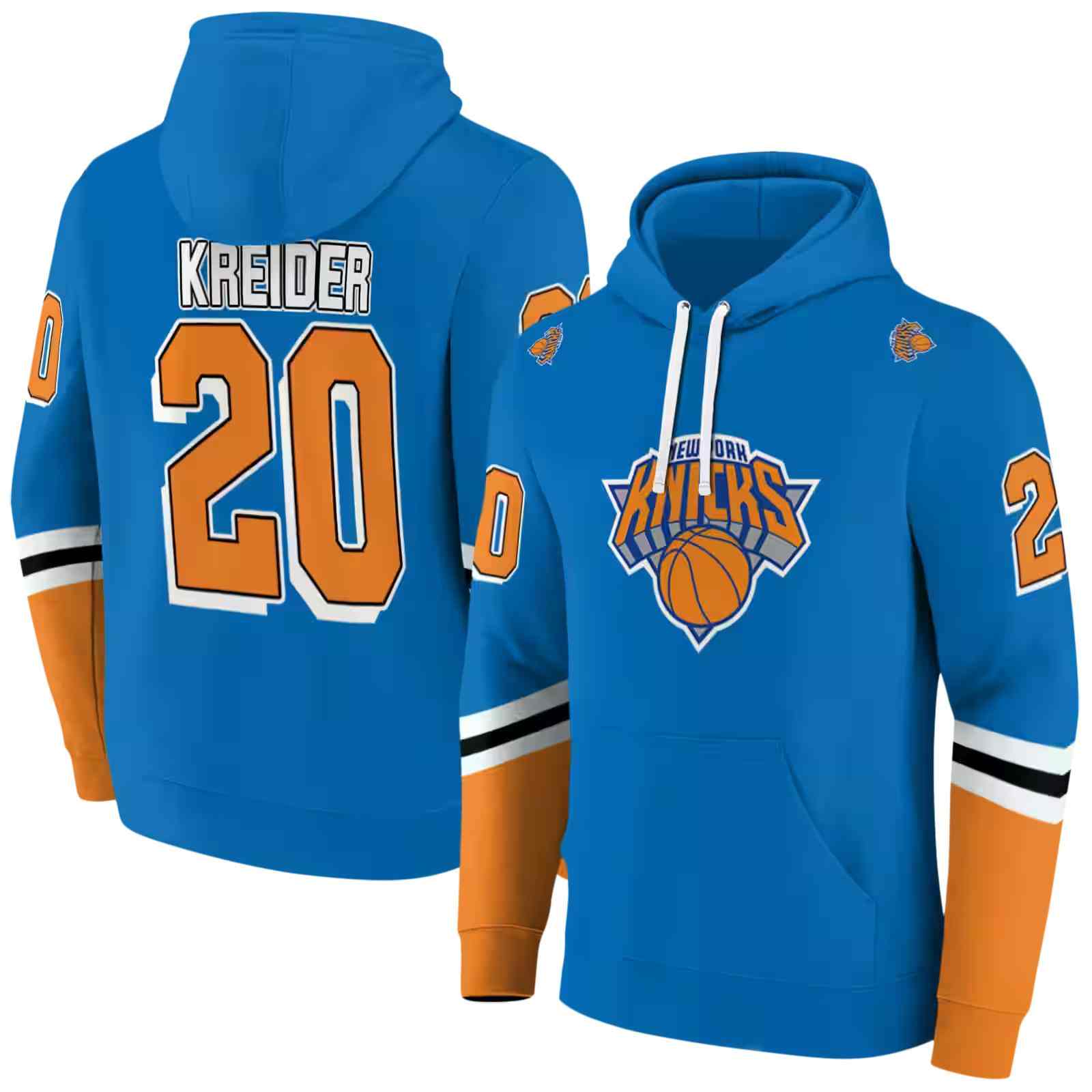 personalized new york knicks striped sleeves blue hoodie fashion forward