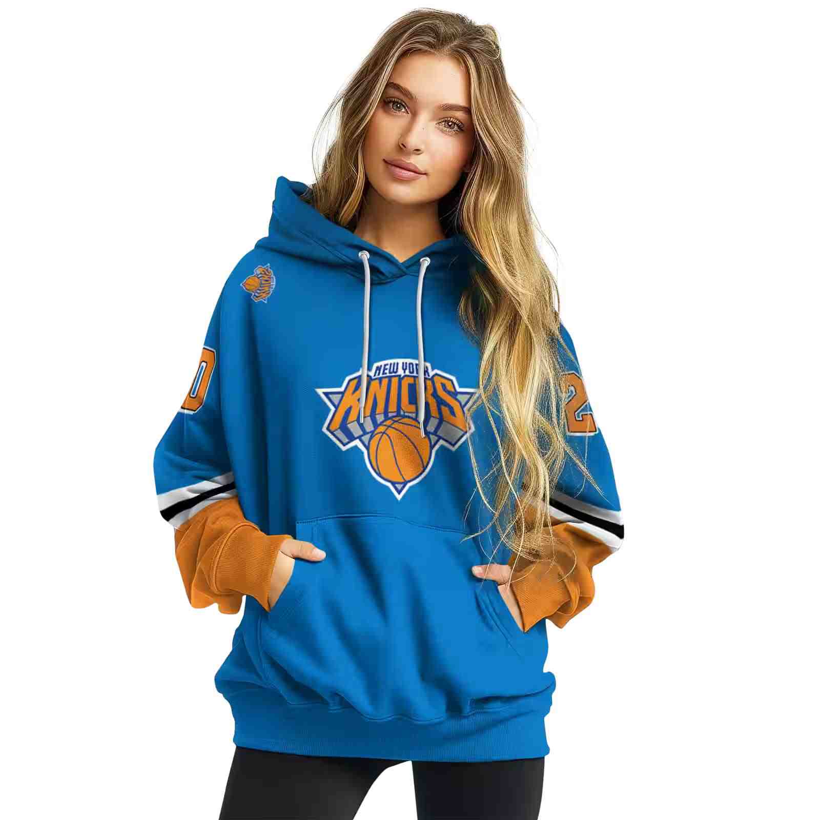 personalized new york knicks striped sleeves blue hoodie high quality