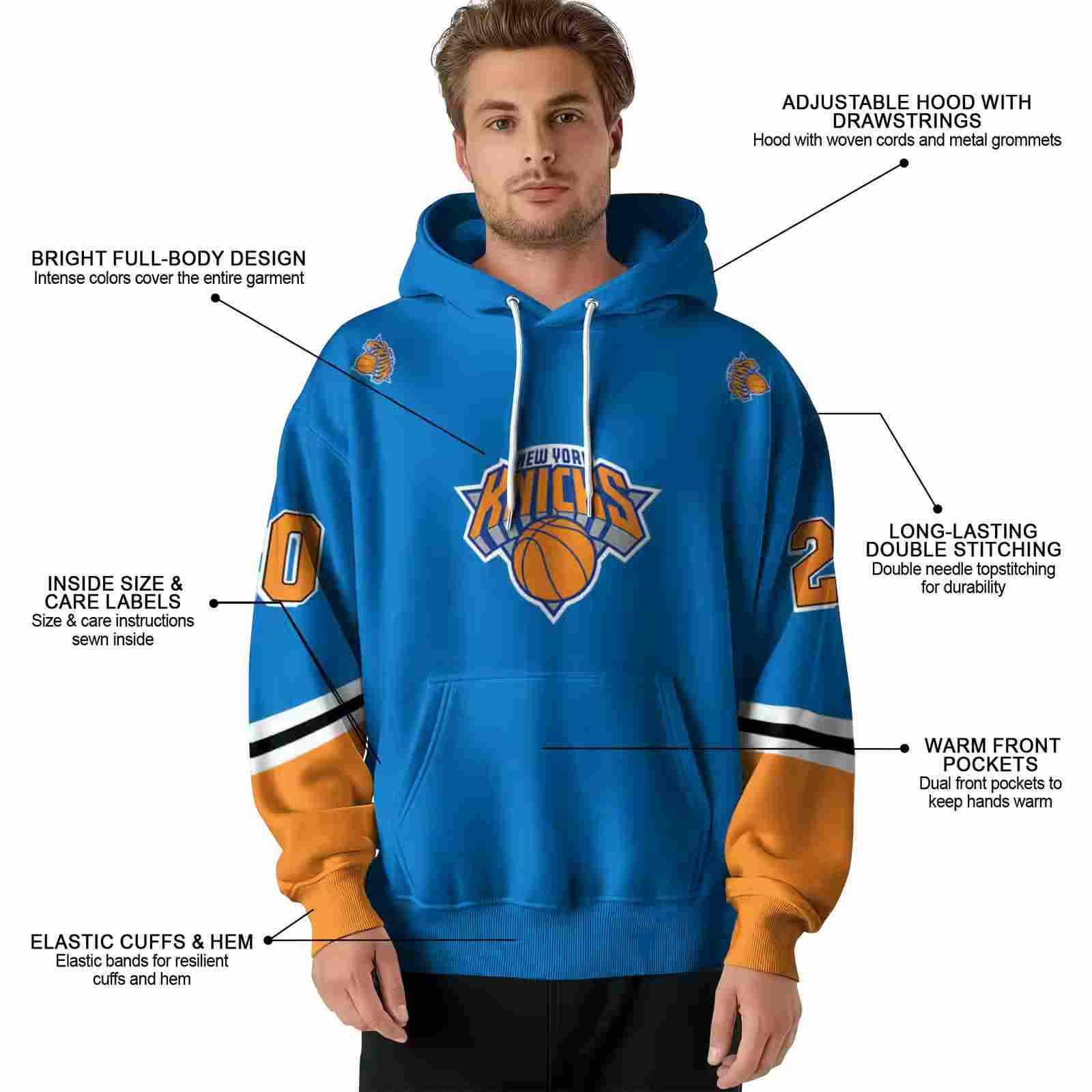 personalized new york knicks striped sleeves blue hoodie latest model