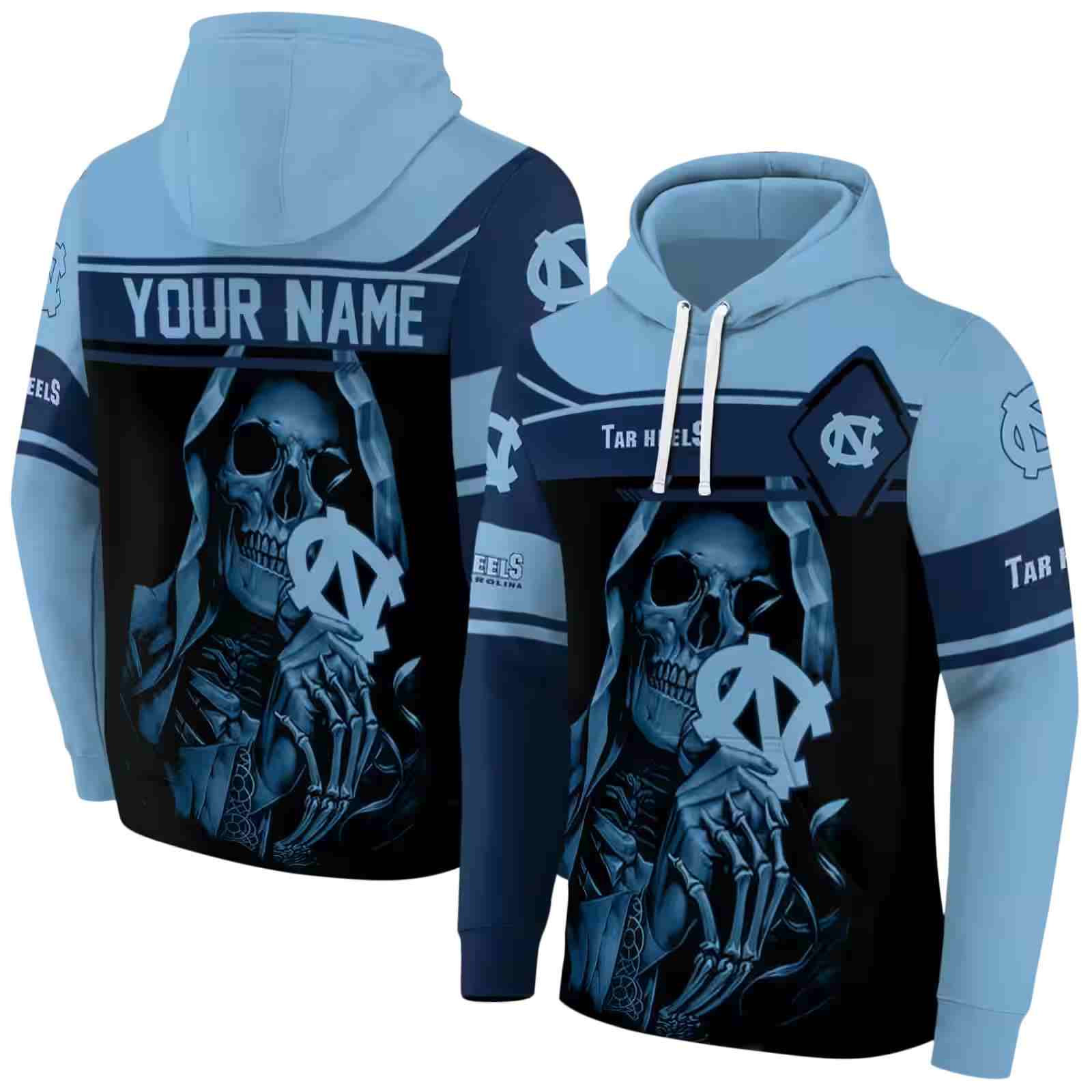 personalized north carolina tar heels grim reaper light blue black hoodie fashion forward