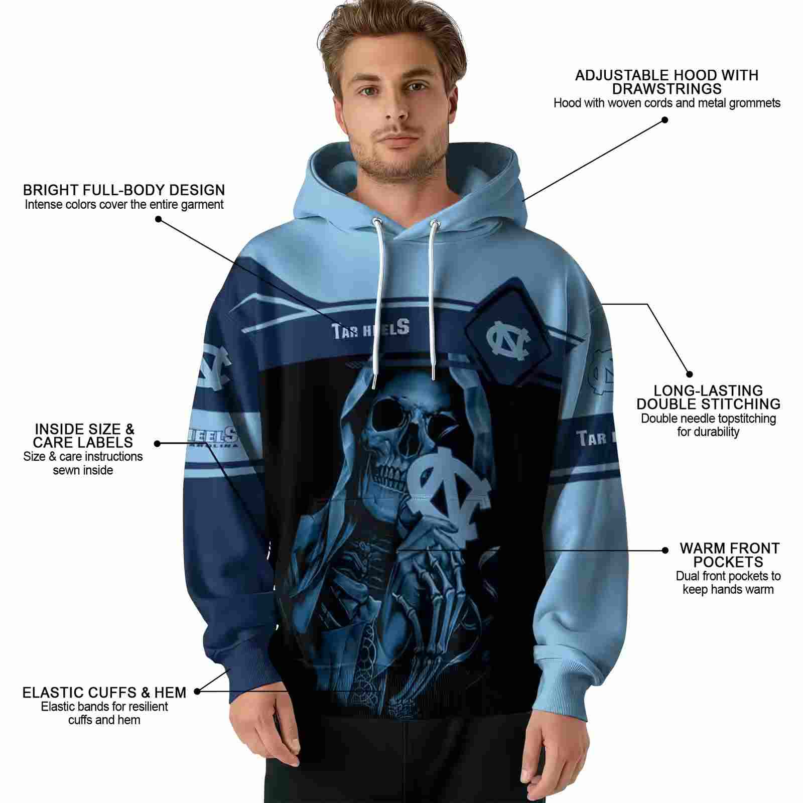 personalized north carolina tar heels grim reaper light blue black hoodie latest model