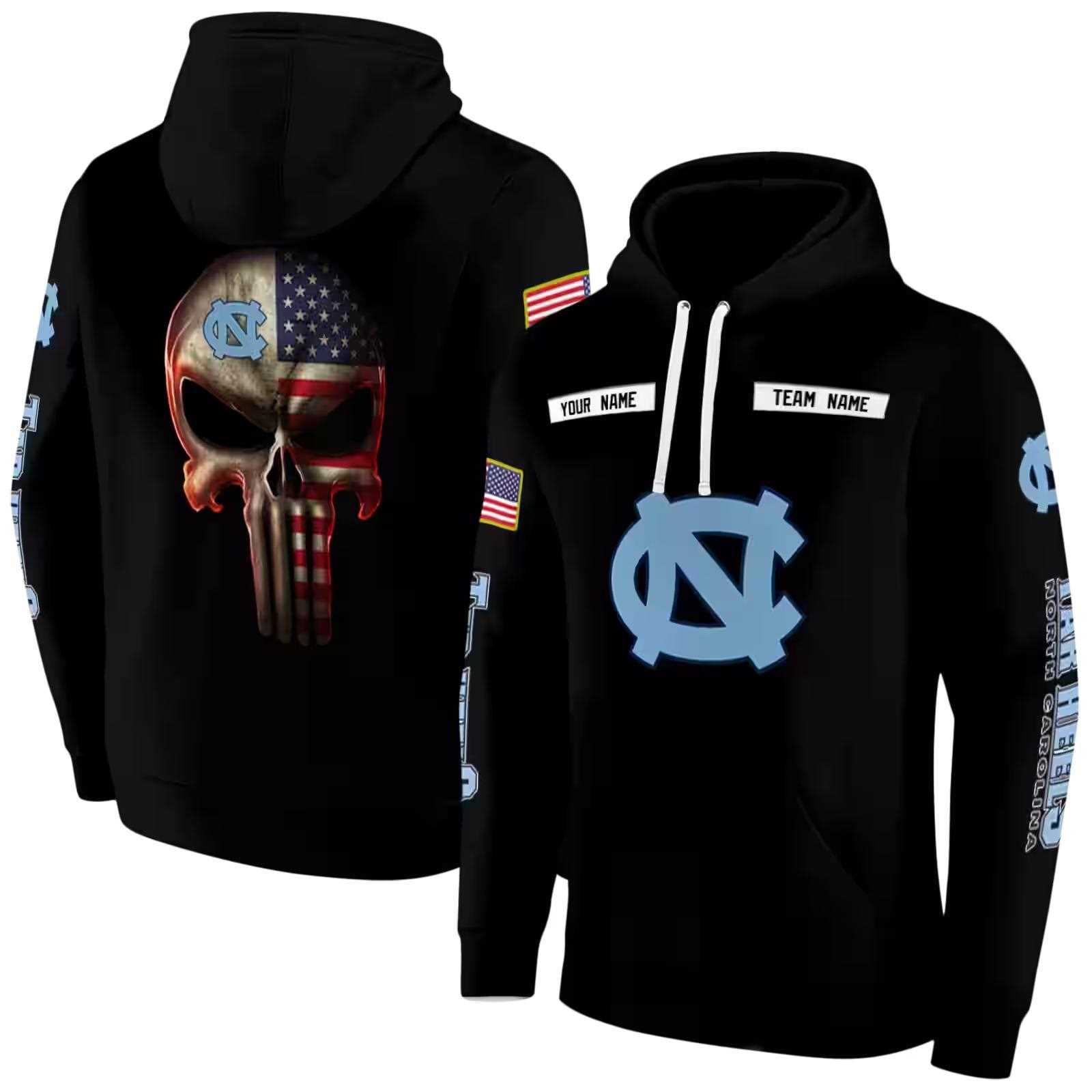 personalized north carolina tar heels punisher skull black hoodie fashion forward